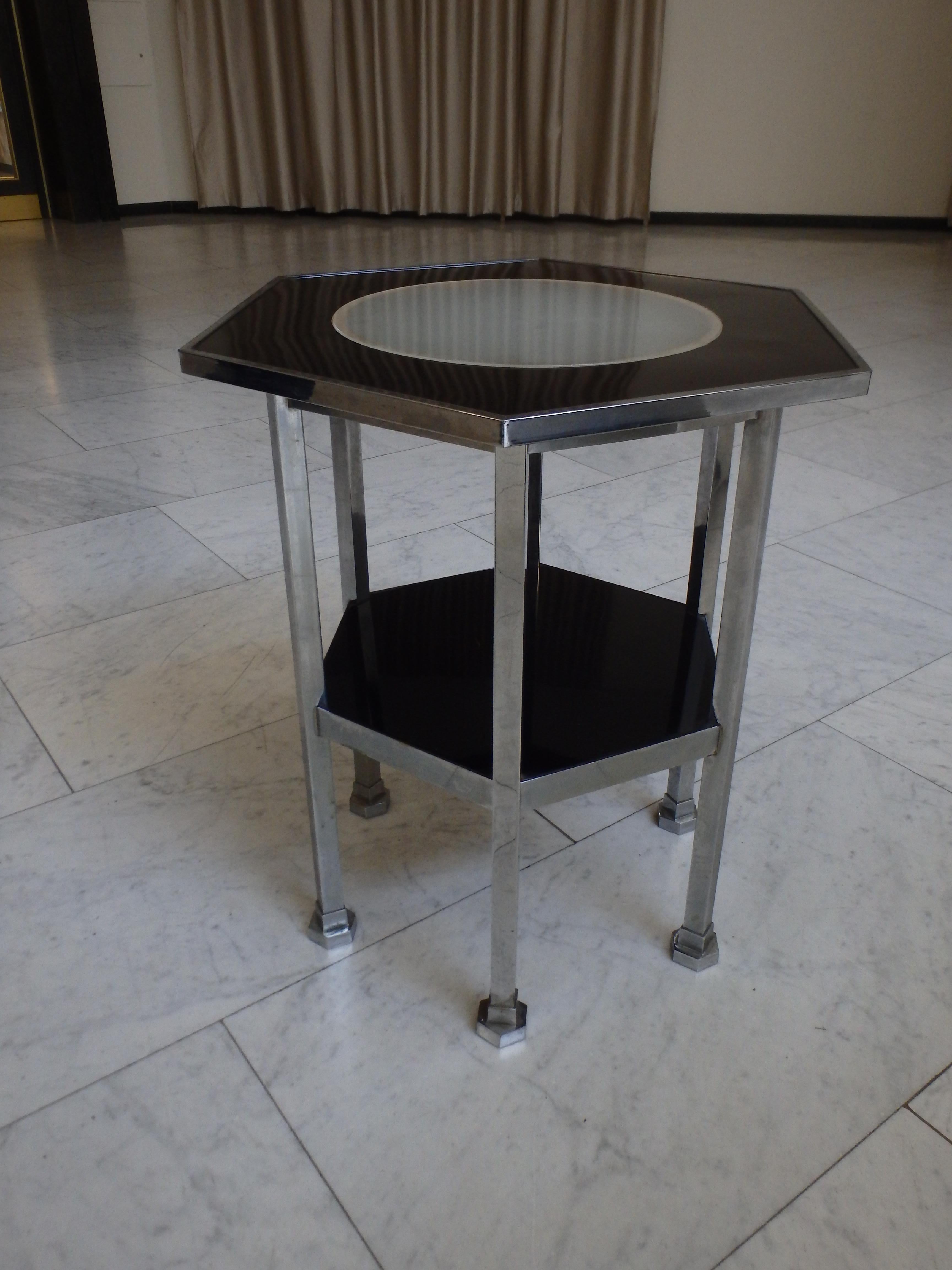 Glass Bauhaus 2 Top Table with Light Inside Chrome and Black Bakelite Model 