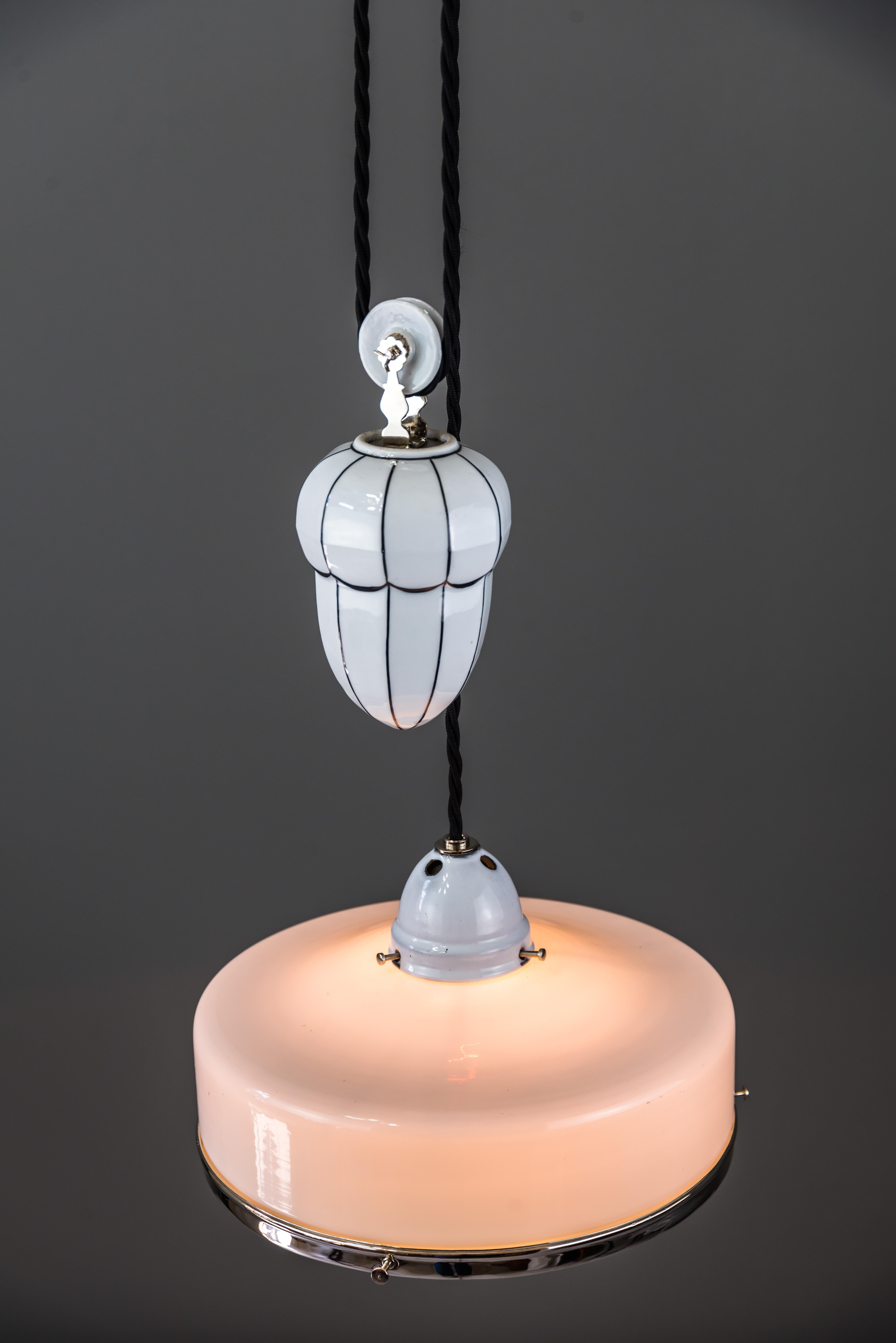 Bauhaus Adjustable Porcelain Chandelier with Original Shade, circa 1920s For Sale 3