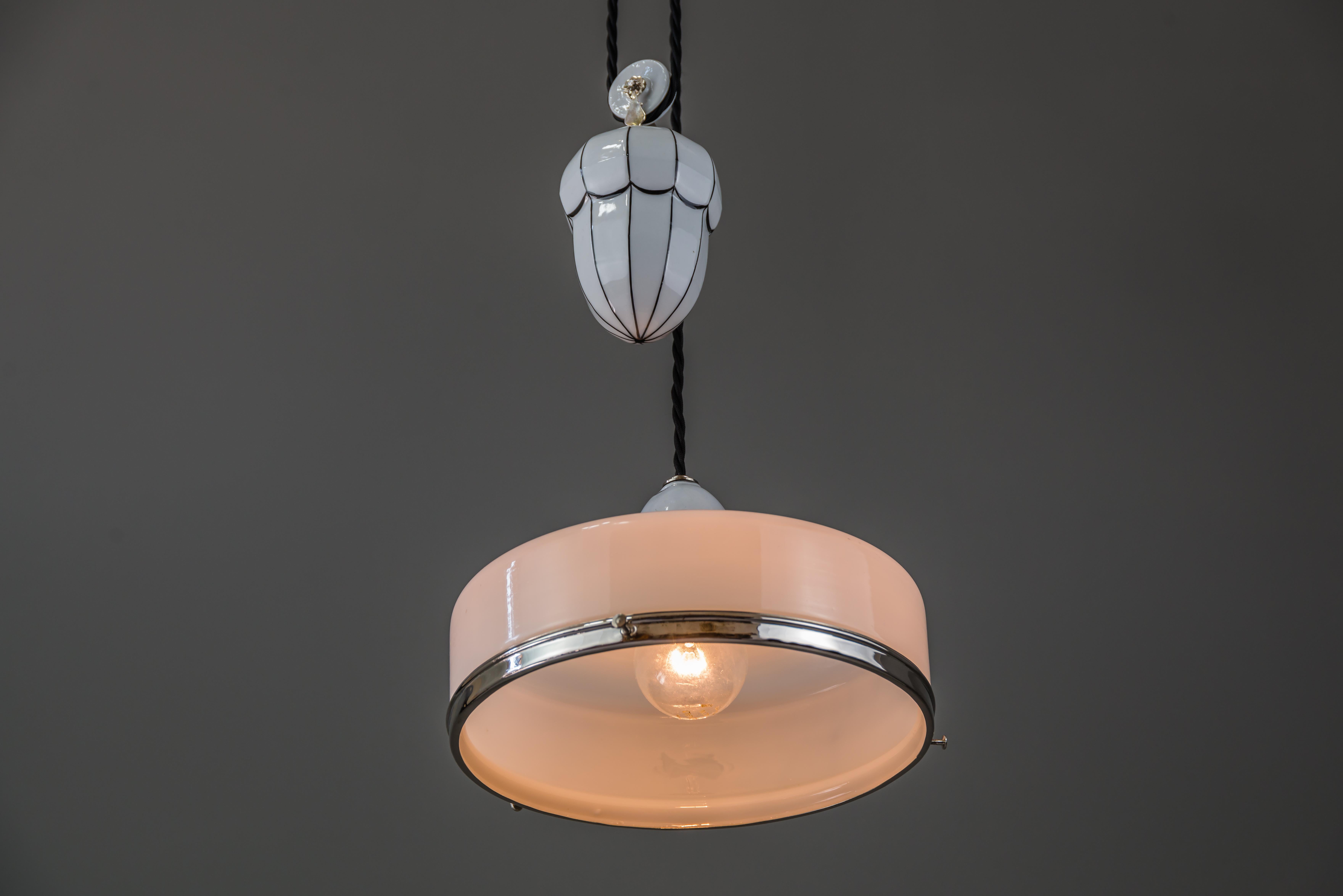 Bauhaus Adjustable Porcelain Chandelier with Original Shade, circa 1920s For Sale 5