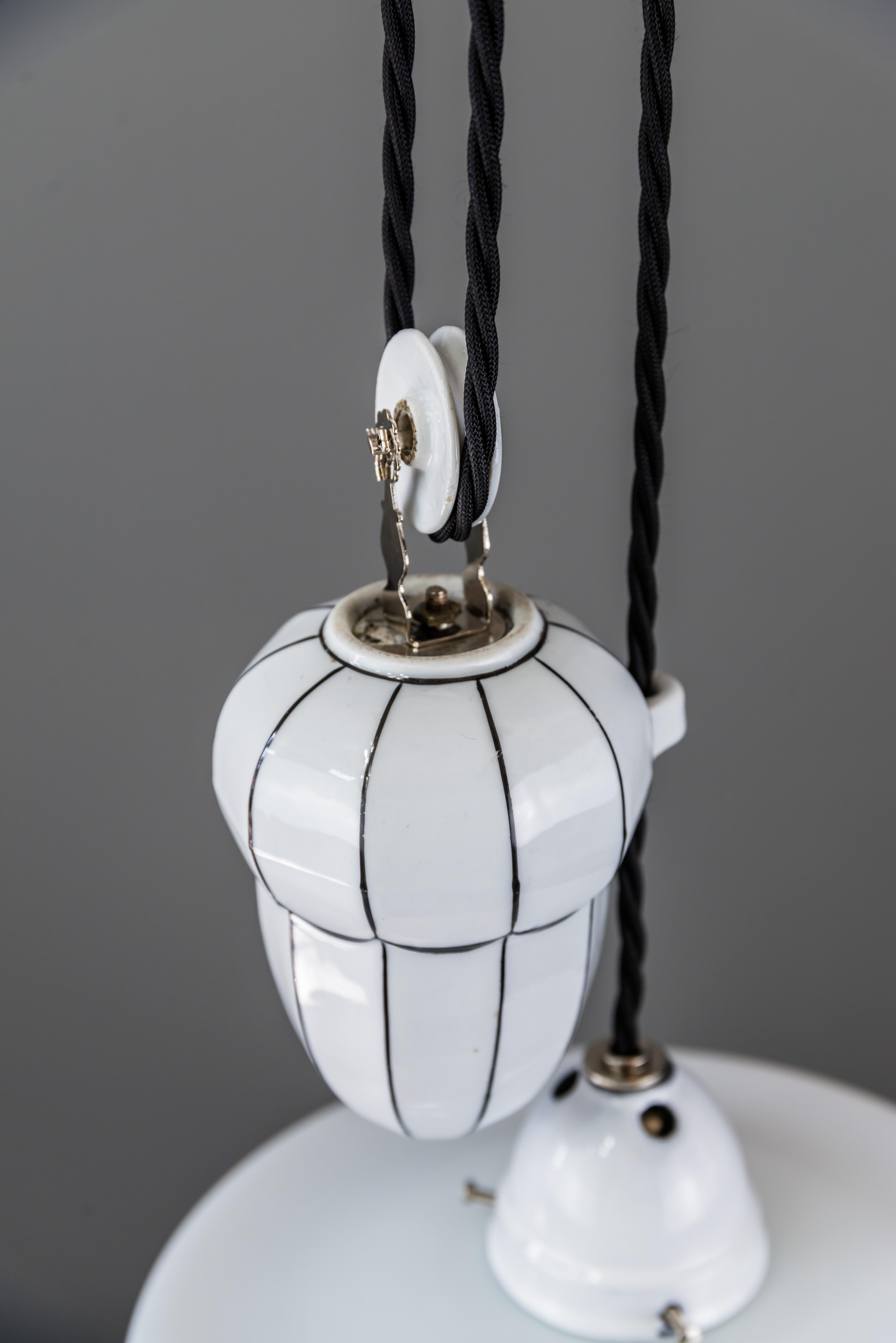 Bauhaus Adjustable Porcelain Chandelier with Original Shade, circa 1920s For Sale 8