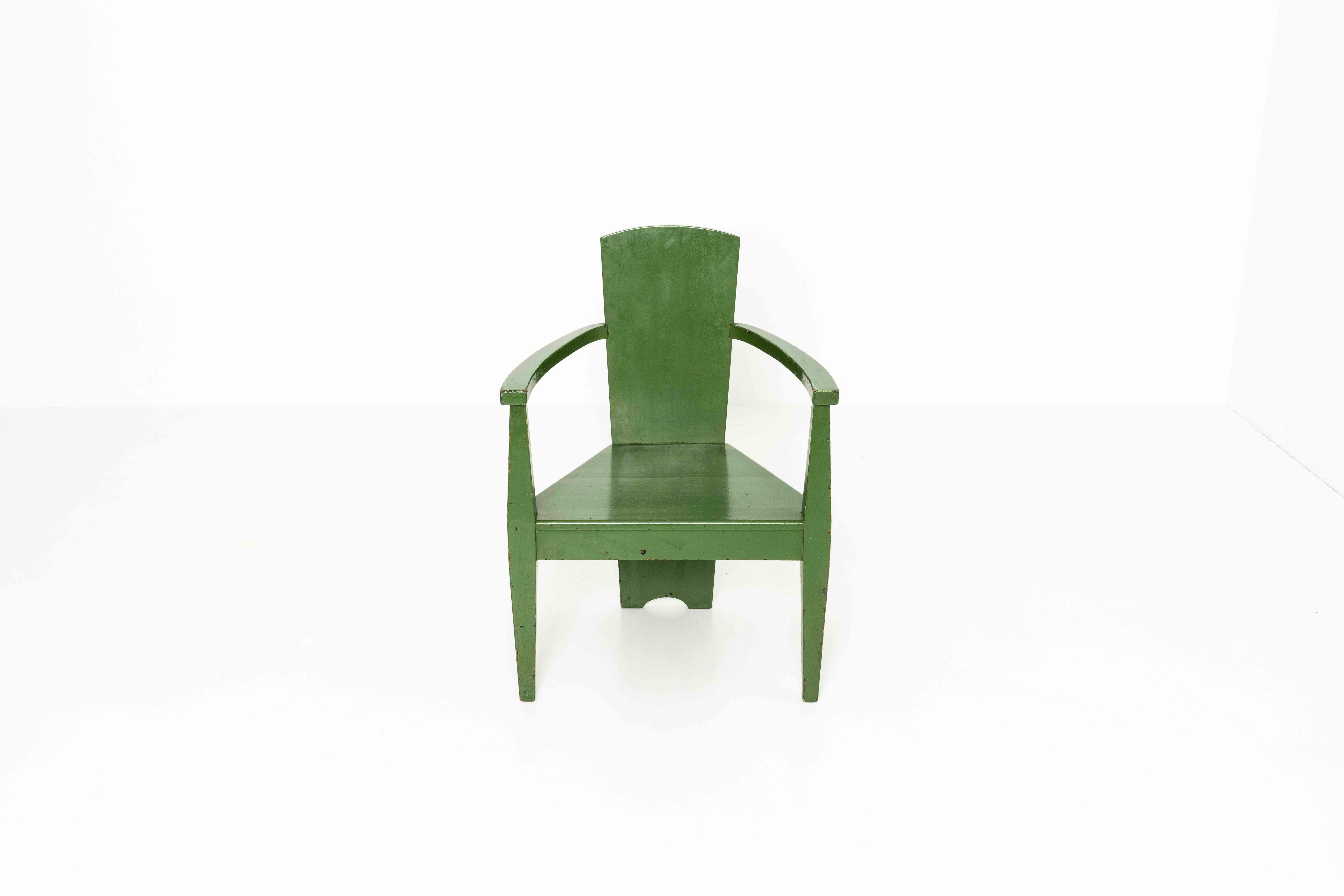 Very charming Bauhaus armchair in green paint from around the 1930s. Germany. Although clearly repainted later, the green really suits the chair and gives it a very nice patina. Therefore, we decided to keep it this way. The design is very