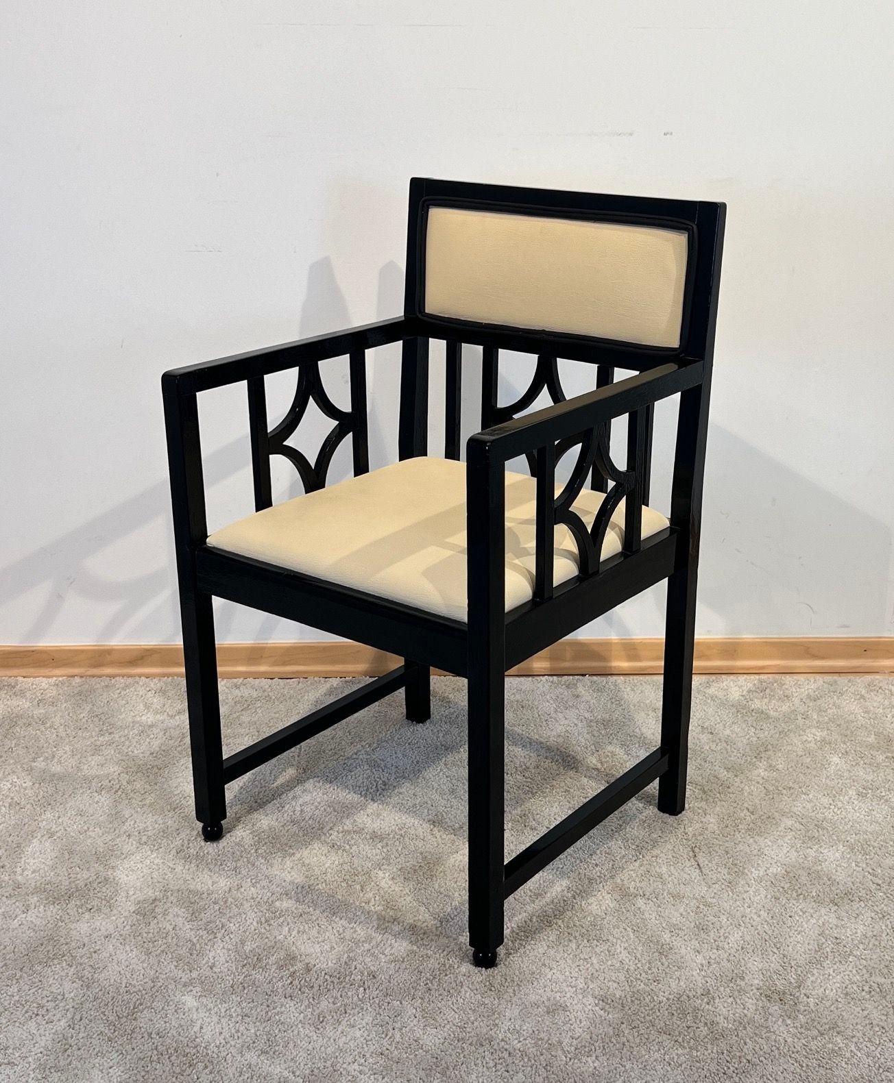 Painted Bauhaus Armchair, Oak, Black Lacquer, Cream Leather, Germany circa 1920 For Sale
