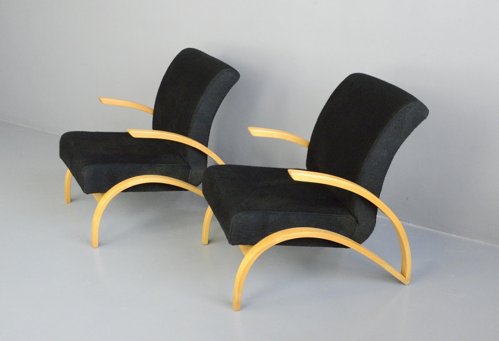 Bauhaus armchairs by Gelenka, circa 1930s

- Price is for the pair
- Curved beech frames
- Sprung seats
- Black plush upholstery
- Made by Gelenka
- German, 1930s
- Measures: 67cm wide x 90cm deep x 86cm tall
- 45cm seat height

Condition
