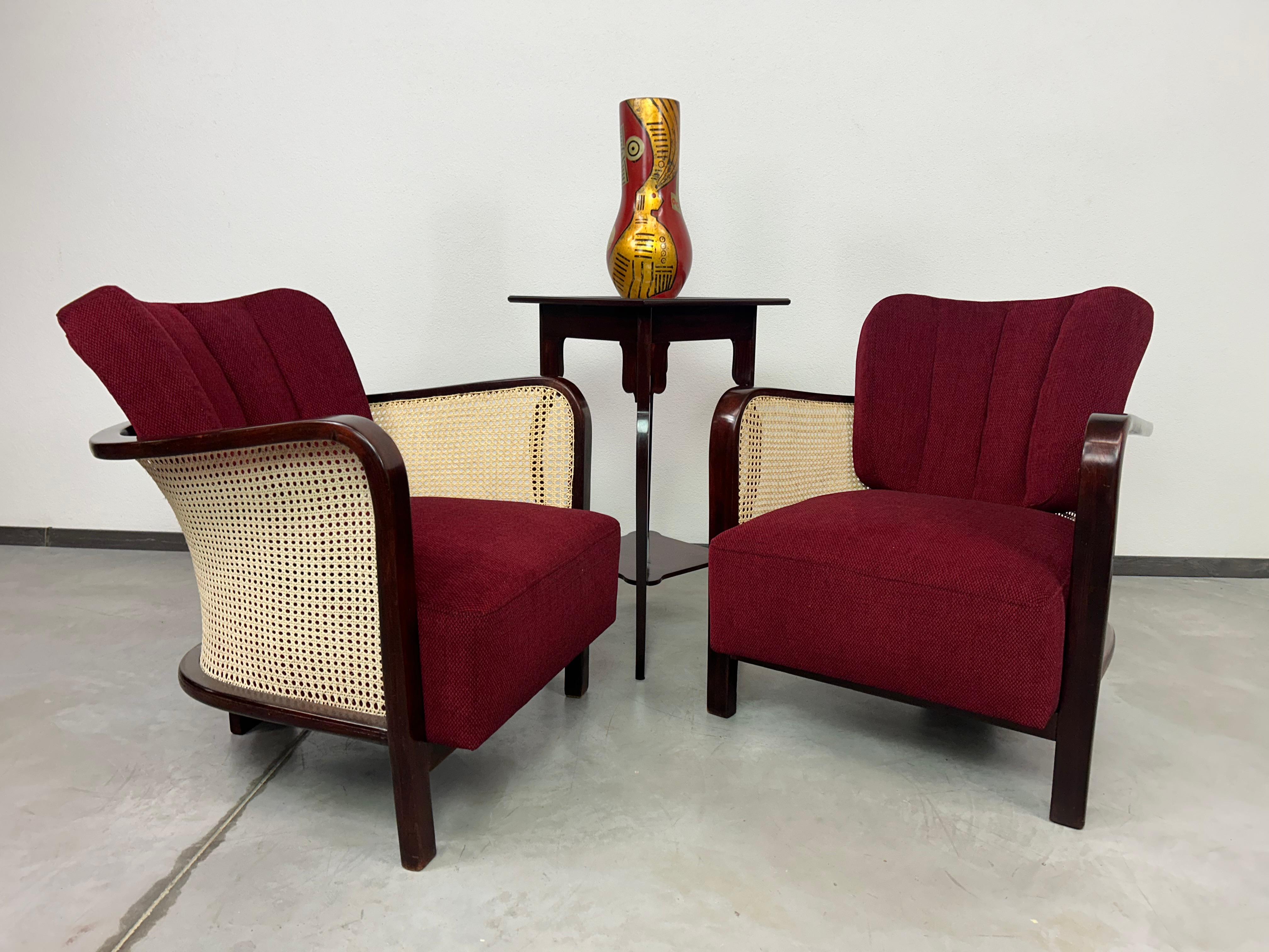 Bauhaus art deco amrchairs by Lajos Kozma for Thonet Mundus. Professionally stained and repolished with new fabric.