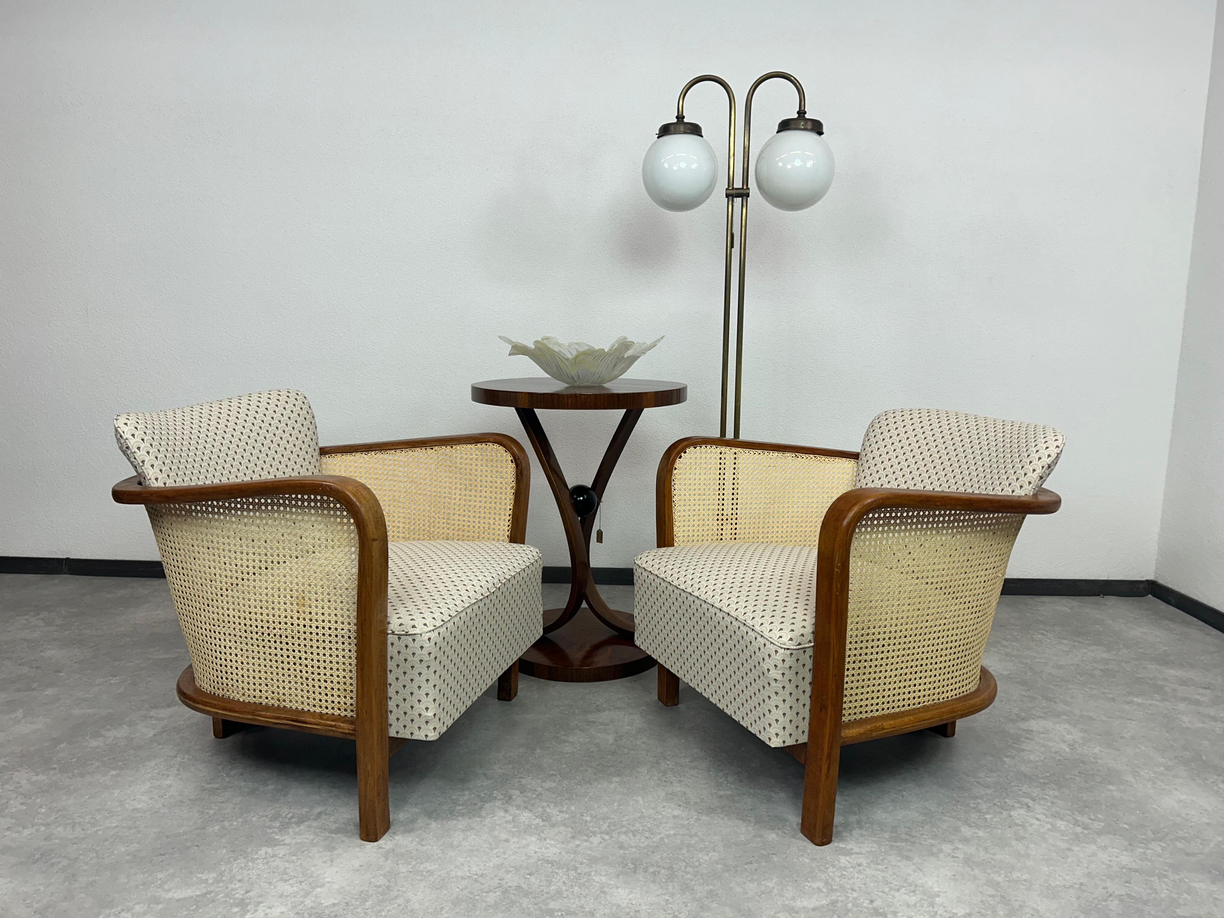 Bauhaus art deco amrchairs by Lajos Kozma for Thonet Mundus. Professionally stained and repolished with new fabric.