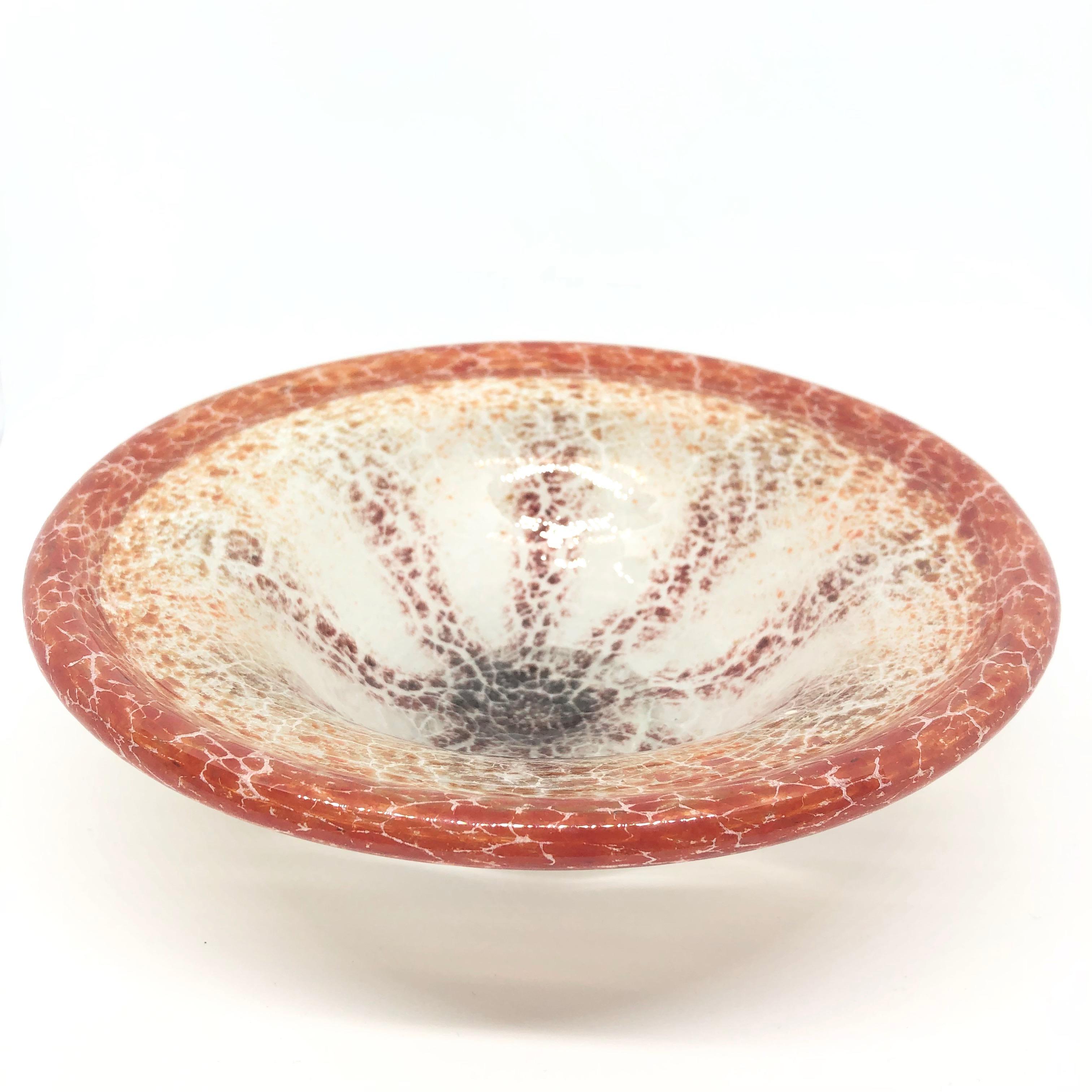 An amazing WMF 'Ikora' crackled art glass bowl, by Karl Wiedmann for WMF (Wurttembergische Metallwarenfabrik), 1930s Bauhaus Art Deco. It is made of glass with crackled details in red tones, raised on a foot. A highly decorative piece useful as