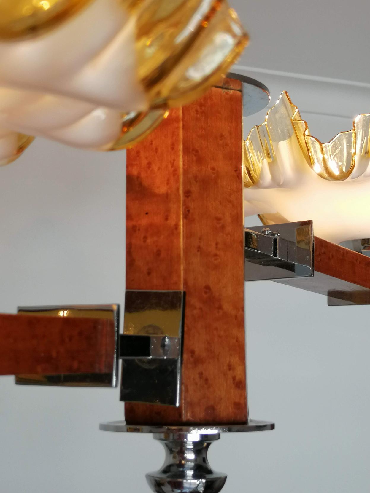 Bauhaus Art Deco Opaline Ruffled Amber Glass Shades Chrome and Wood Chandelier 6
