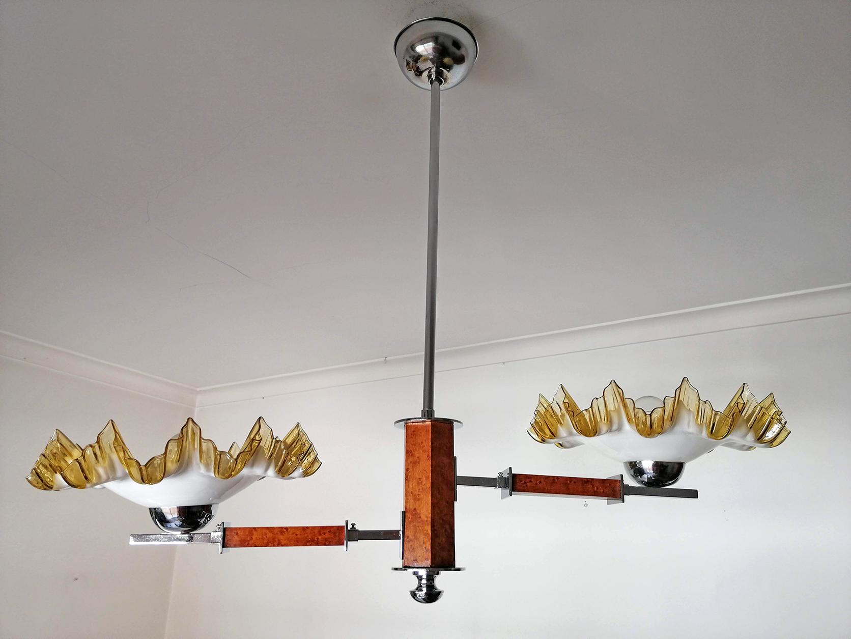 French Bauhaus Art Deco Opaline Ruffled Amber Glass Shades Chrome and Wood Chandelier