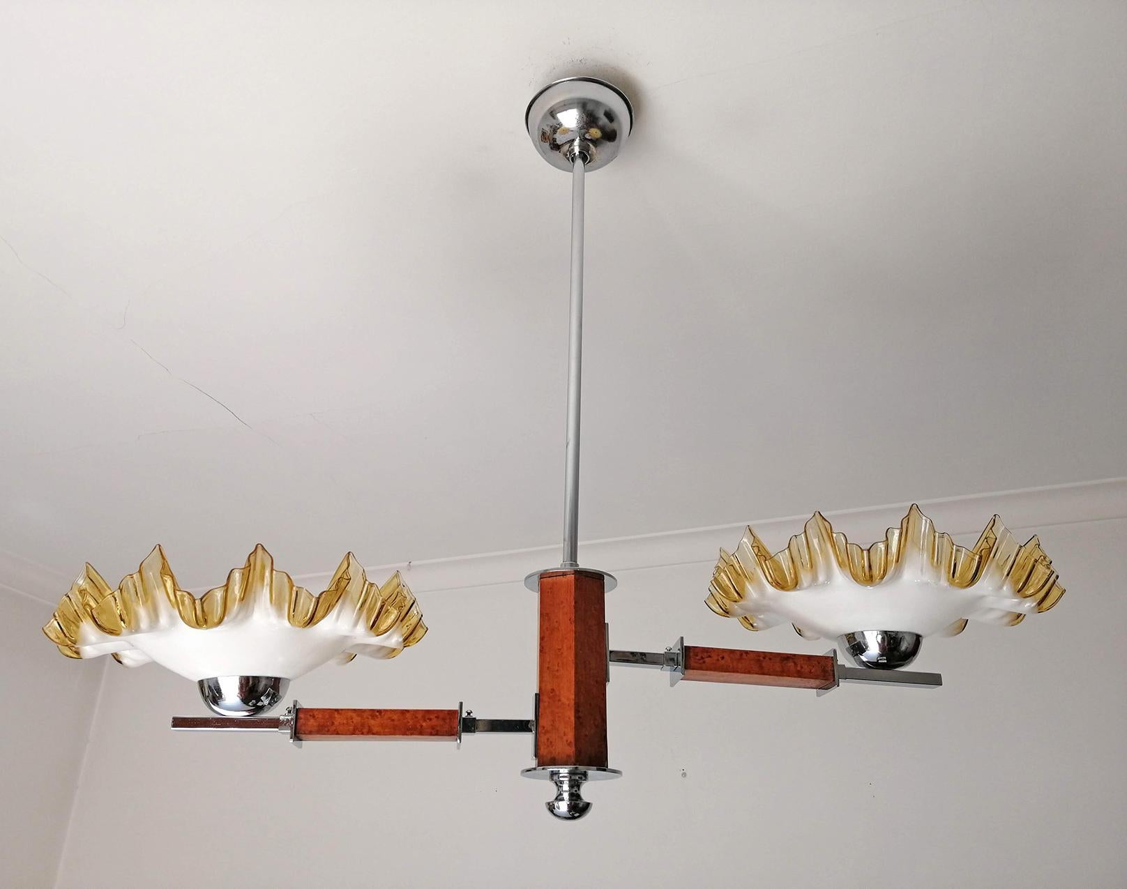 Hand-Crafted Bauhaus Art Deco Opaline Ruffled Amber Glass Shades Chrome and Wood Chandelier