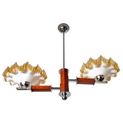 Bauhaus Art Deco Opaline Ruffled Amber Glass Shades Chrome and Wood Chandelier