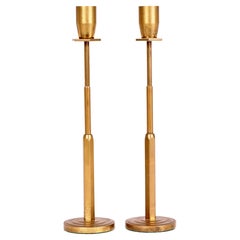 Bauhaus Art Deco Pair Modernist Hexagonal Pillar Brass Candlesticks