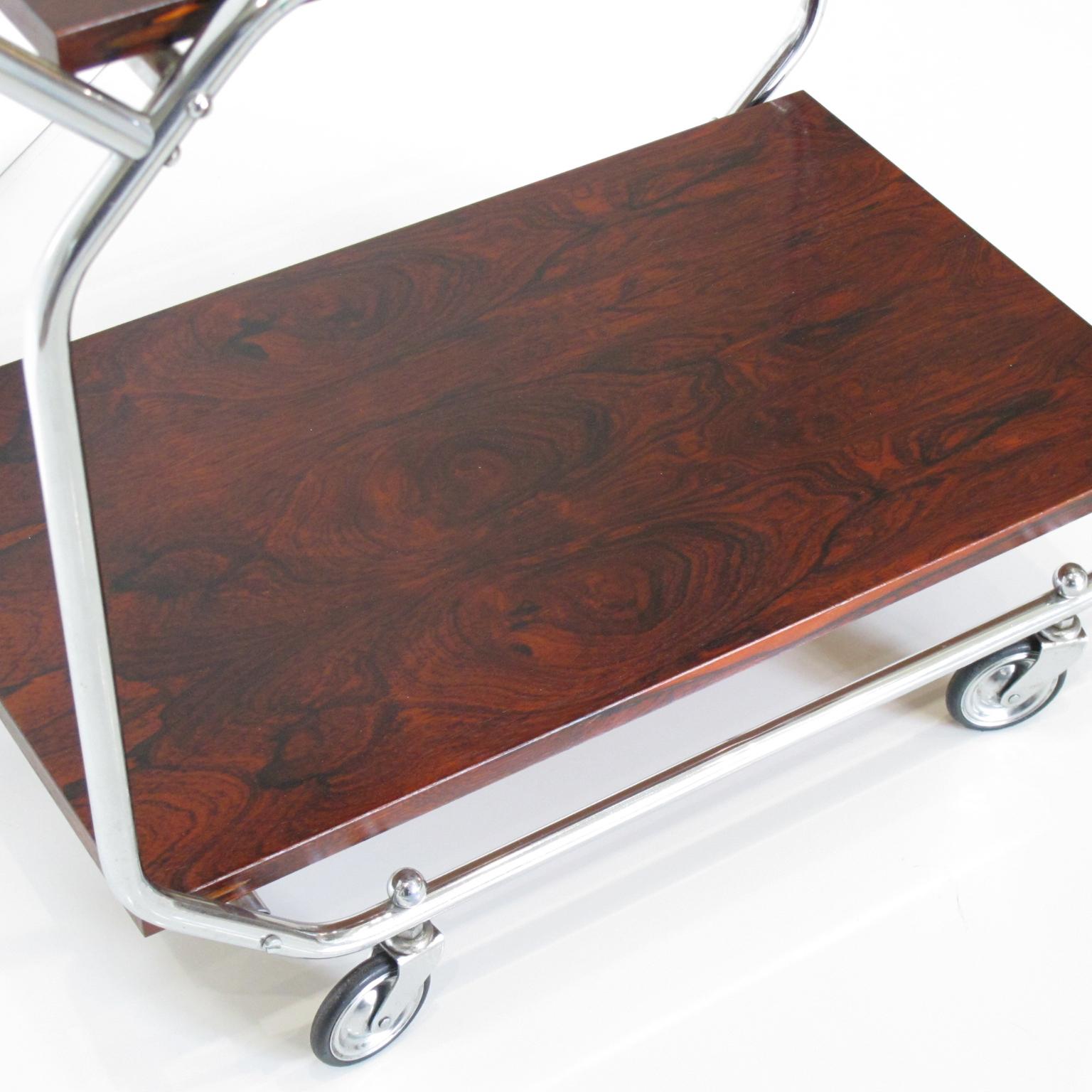 English Bauhaus Art Deco Rolling Bar Cart Chrome and Wood For Sale