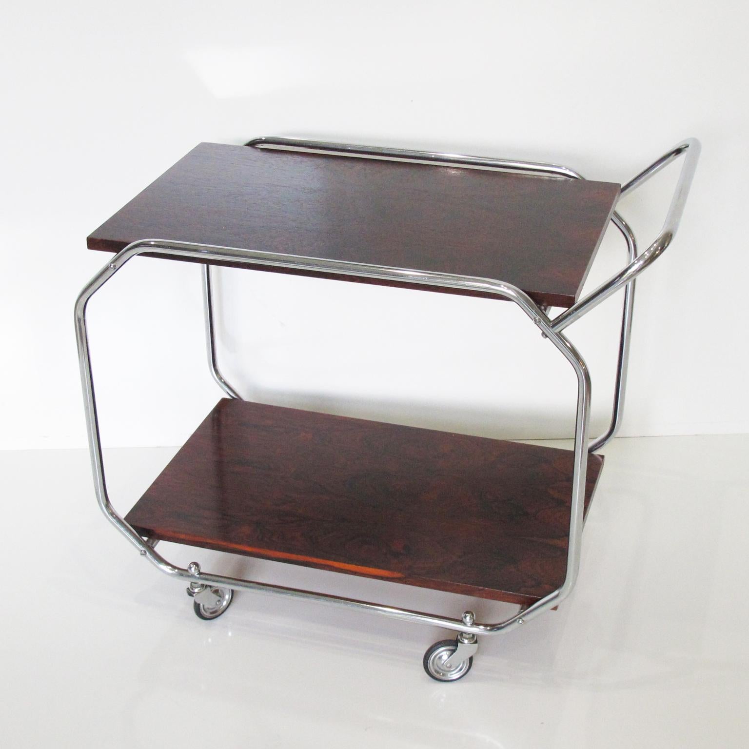 Bauhaus Art Deco Rolling Bar Cart Chrome and Wood In Good Condition For Sale In Atlanta, GA