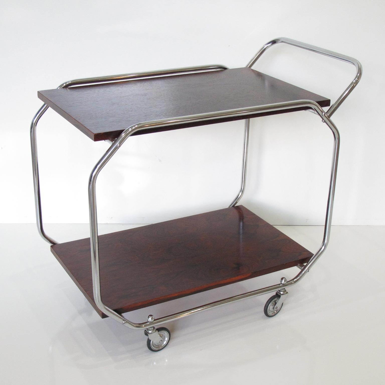Mid-20th Century Bauhaus Art Deco Rolling Bar Cart Chrome and Wood For Sale