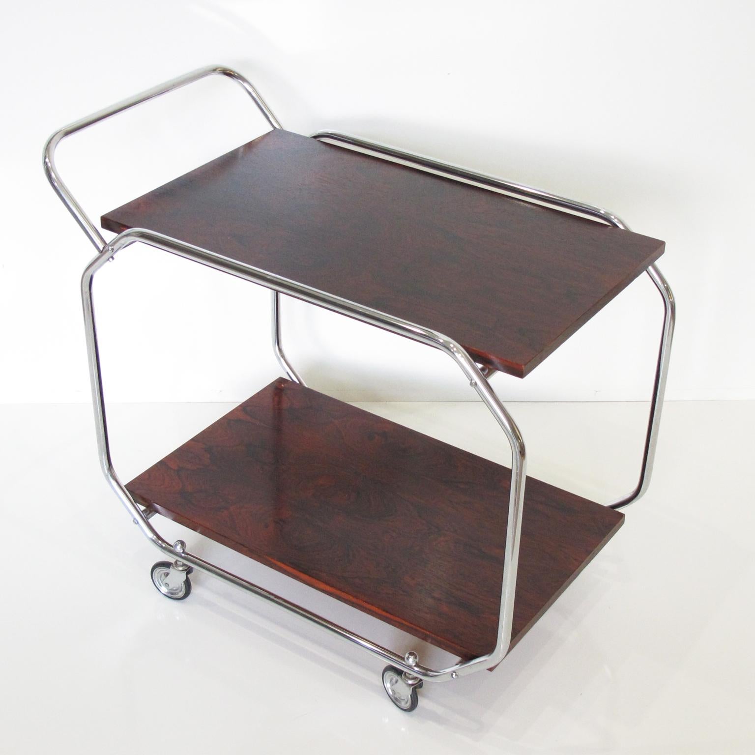 Metal Bauhaus Art Deco Rolling Bar Cart Chrome and Wood For Sale