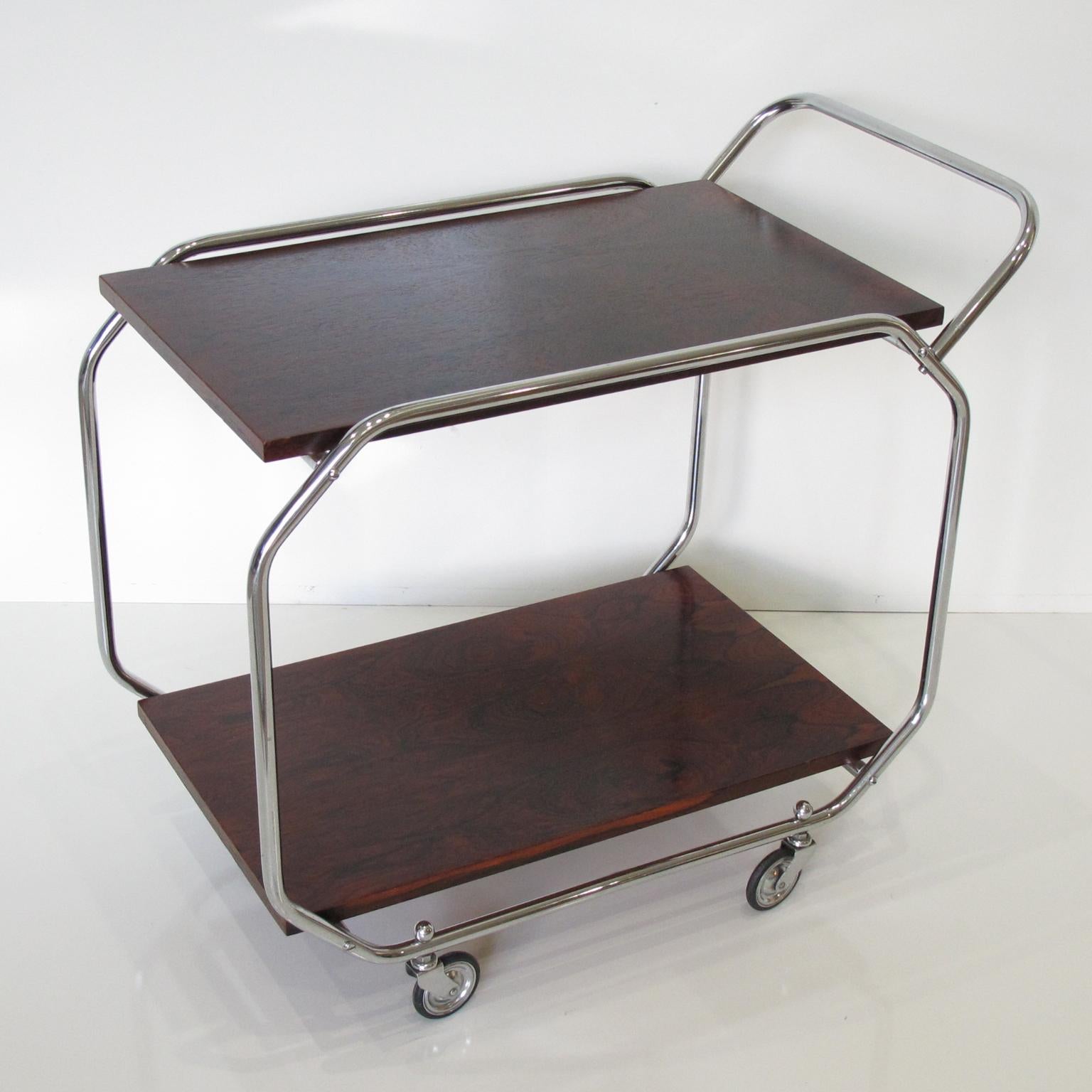 Bauhaus Art Deco Rolling Bar Cart Chrome and Wood For Sale 1