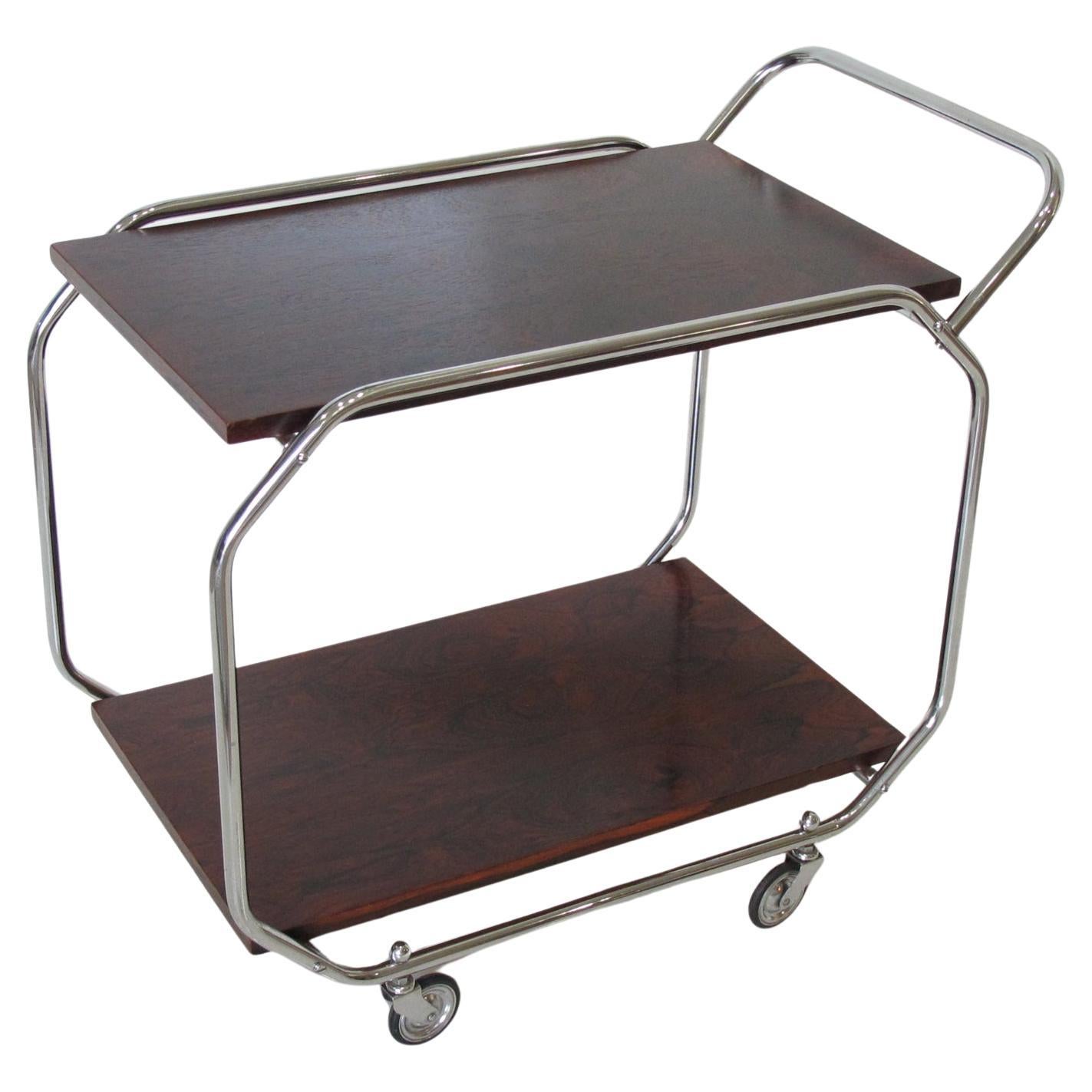 Bauhaus Art Deco Rolling Bar Cart Chrome and Wood For Sale