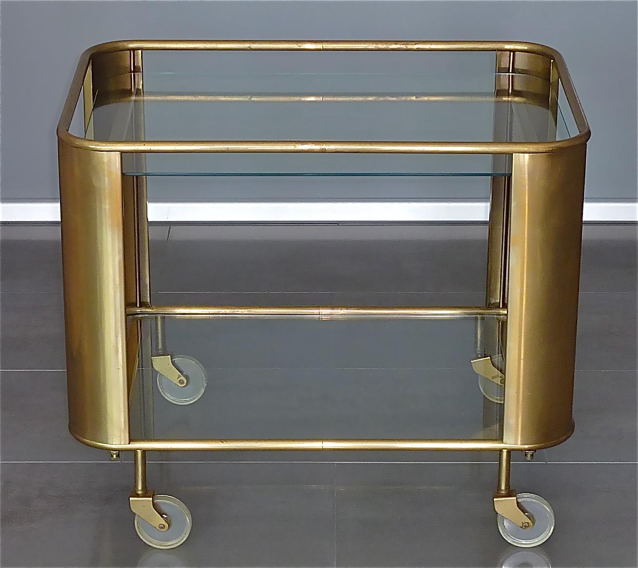 German Bauhaus Art Deco Streamline Serving Trolley Bar Cart Brass Glass Lucite 1930 50s