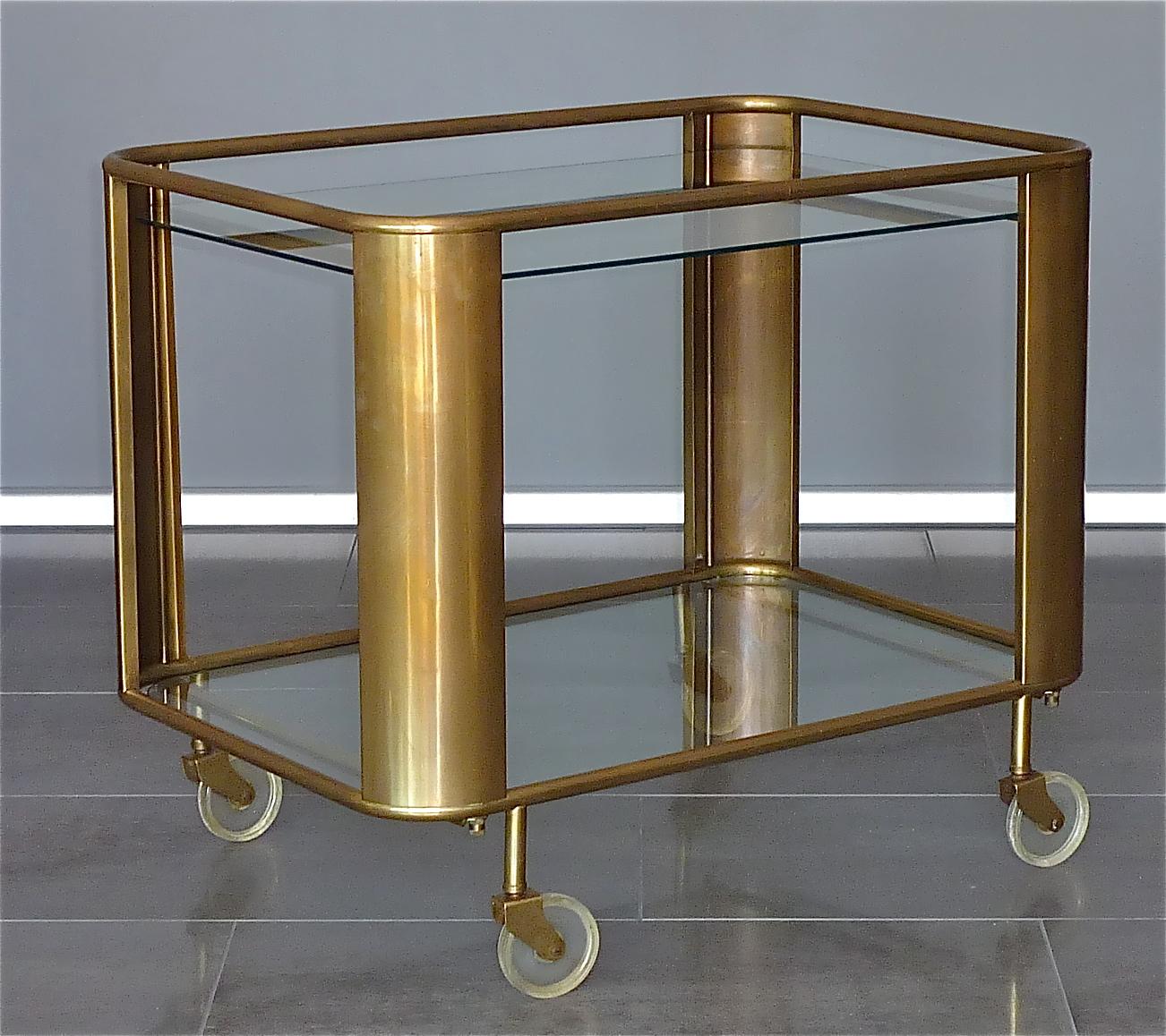 Patinated Bauhaus Art Deco Streamline Serving Trolley Bar Cart Brass Glass Lucite 1930 50s