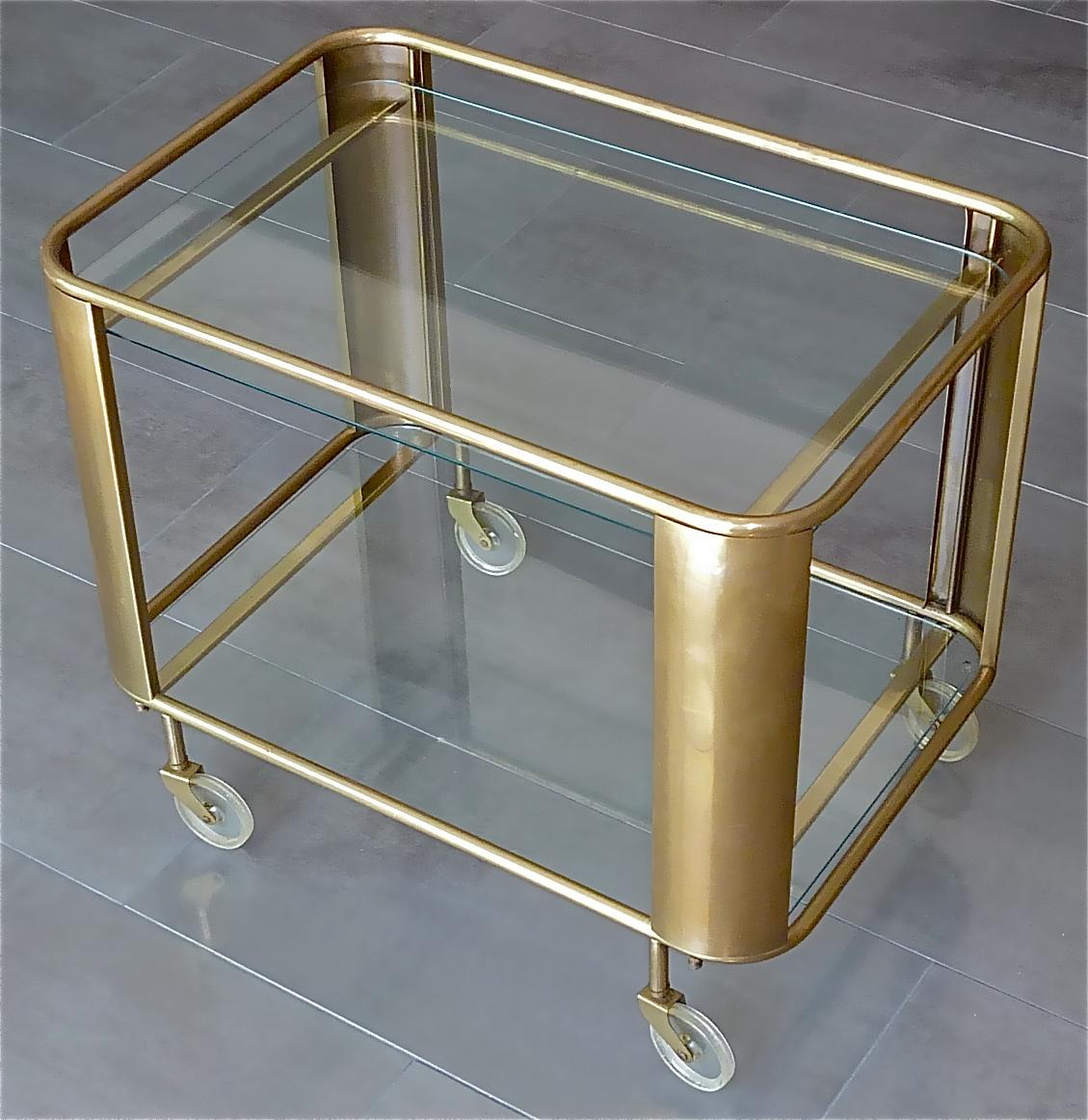 Metal Bauhaus Art Deco Streamline Serving Trolley Bar Cart Brass Glass Lucite 1930 50s