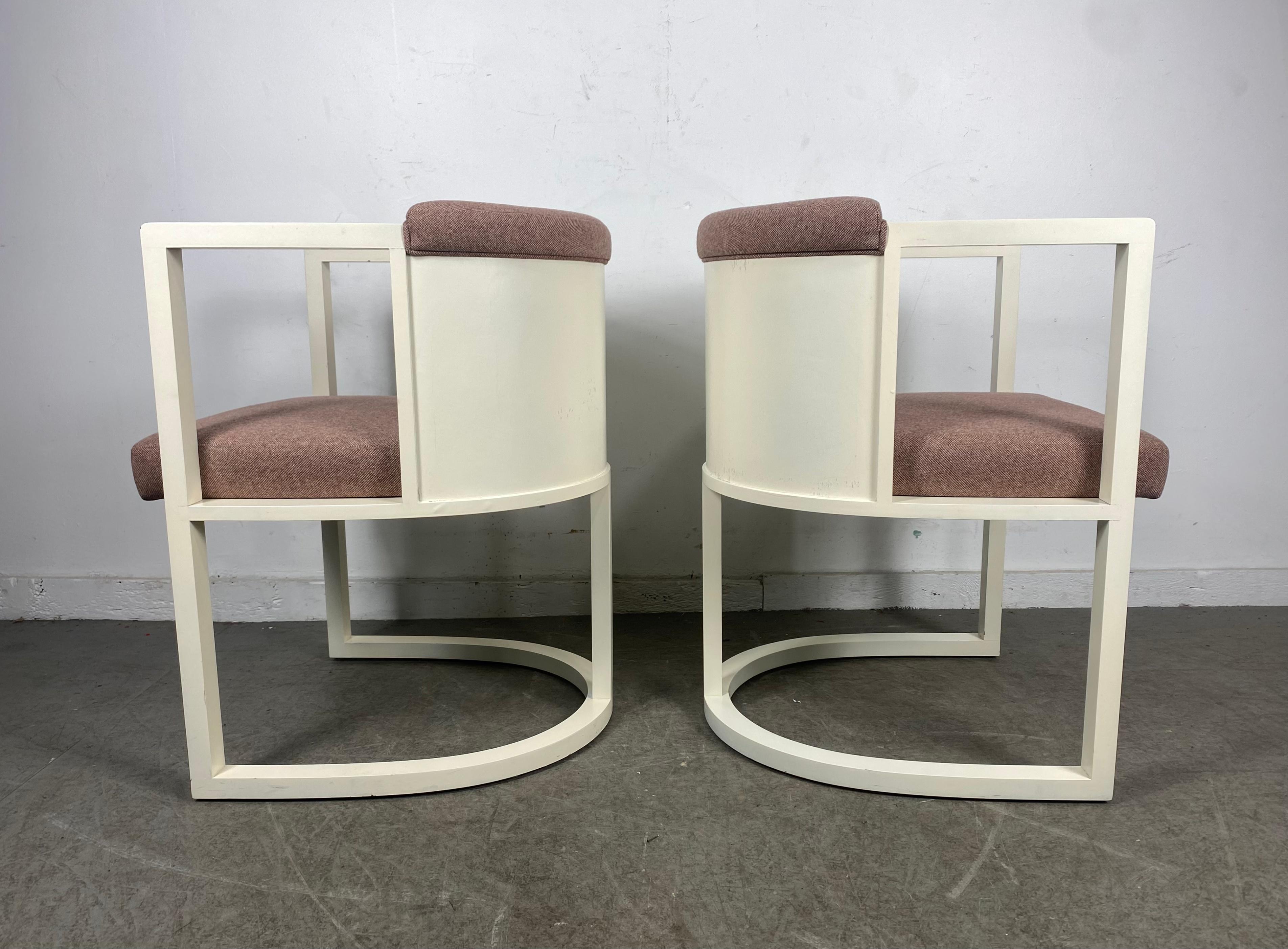 Set of 6 avaliable!!Classic Art Deco style, bauhaus arm chairs in the manner of Josef Hoffmann,,Can be used as lounge, occasional chairs or dining chairs.Retains original white lacquer finish ..also original wool upholstery..Great design.Extremely