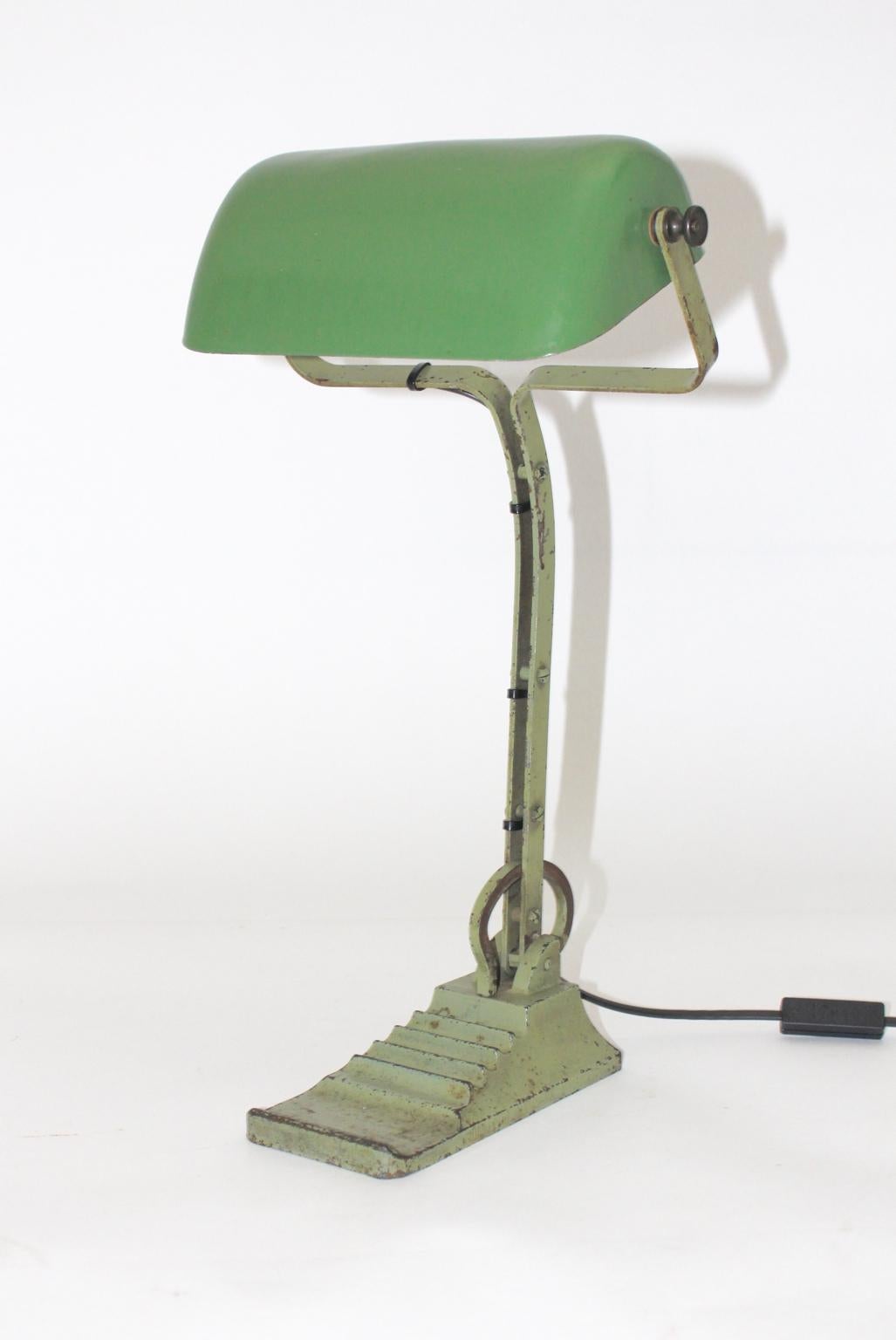 Early 20th Century Bauhaus Art Deco Green Metal Vintage Table Lamp, 1920s For Sale