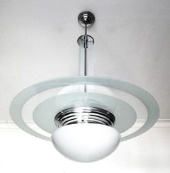 Art Deco SATURN Opaline Glass Shade and Chrome Chandelier or Pendant
