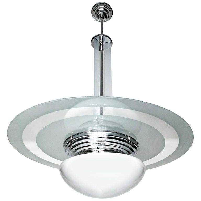 Bauhaus Art Deco Ufo Flying Saucer Opaline Glass Shade 3 Light Chrome Chandelier For Sale At 1stdibs
