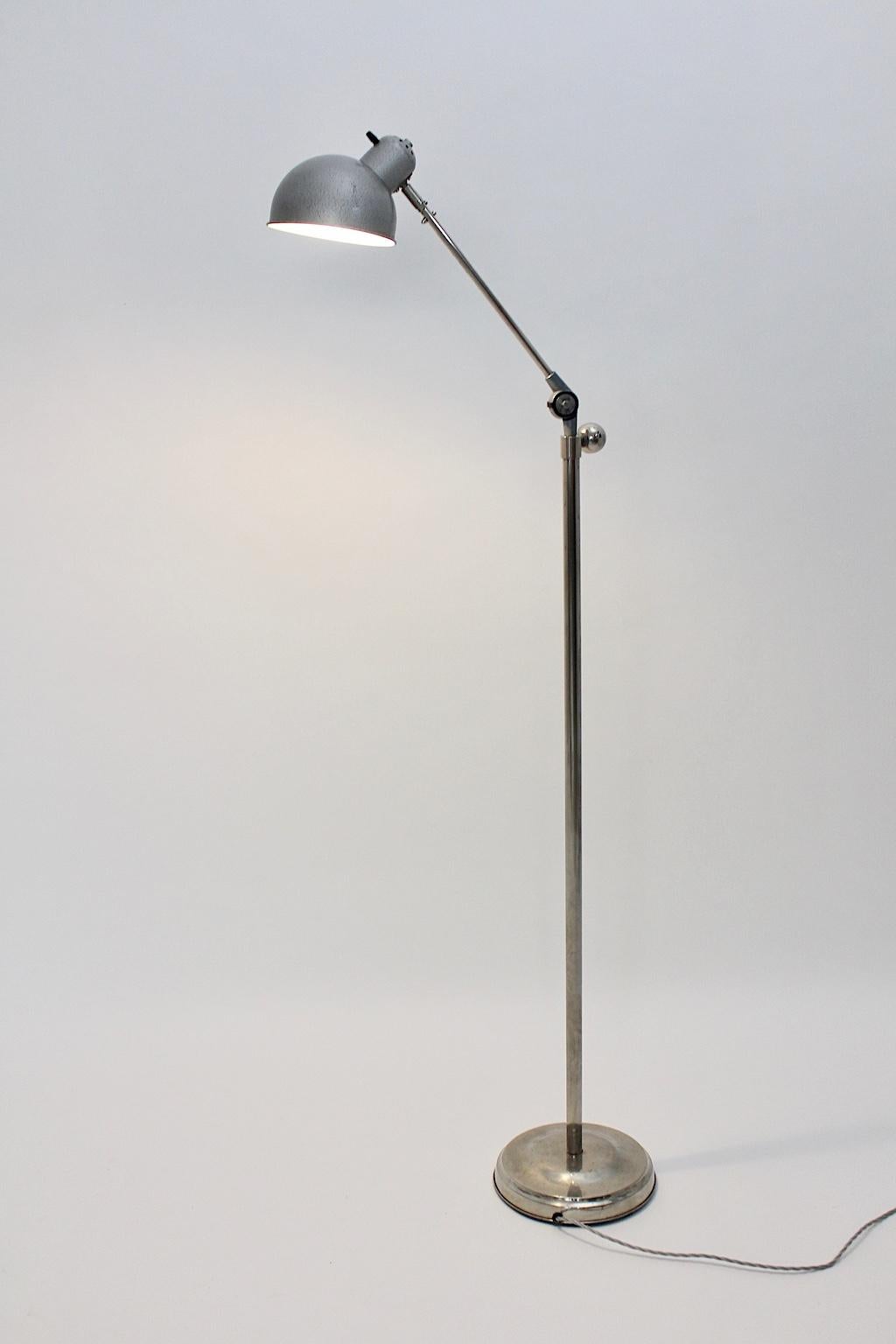 Mid-20th Century Bauhaus Art Deco Vintage Industrial Silver Nickel Metal Floor Lamp, 1930s For Sale