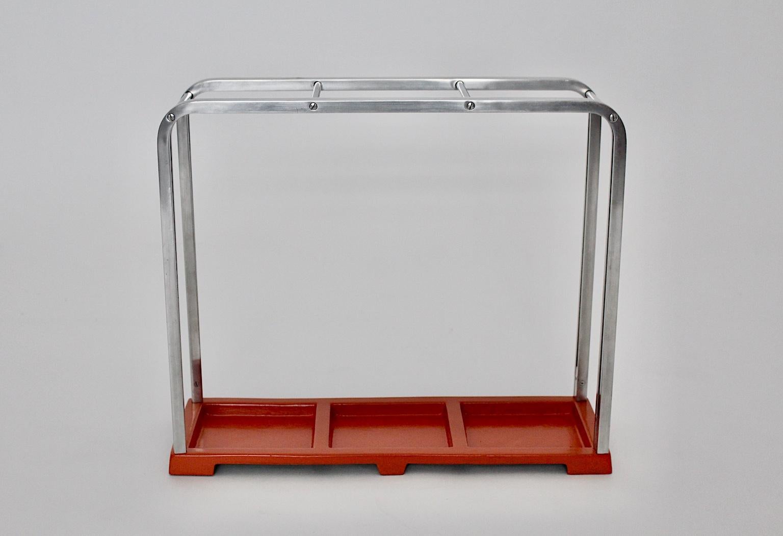 Bauhaus Art Deco Vintage Red Silver Aluminum Umbrella Stand, 1930s, Germany For Sale 4
