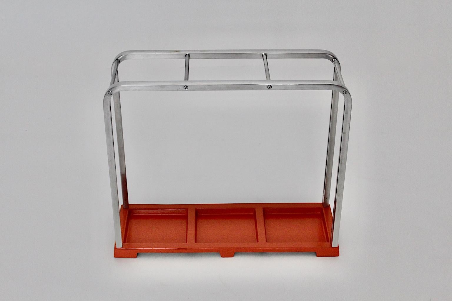 Bauhaus Art Deco Vintage Red Silver Aluminum Umbrella Stand, 1930s, Germany For Sale 5