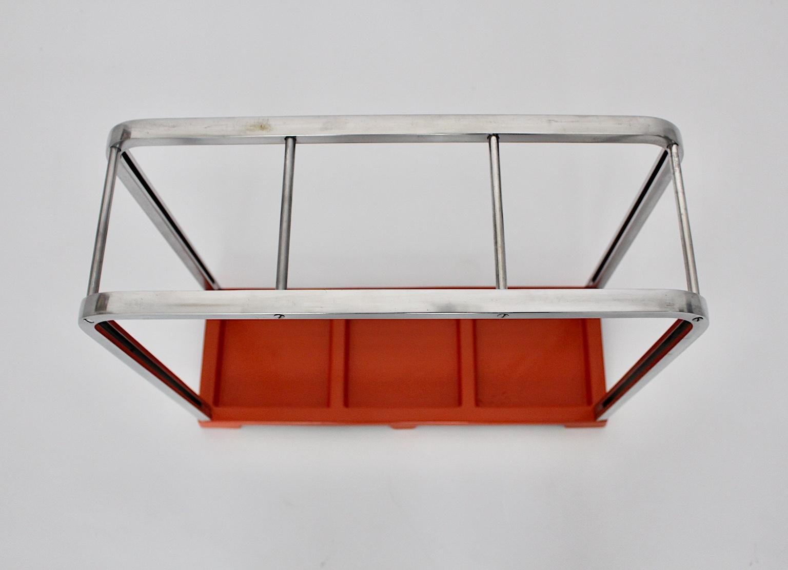 Bauhaus Art Deco Vintage Red Silver Aluminum Umbrella Stand, 1930s, Germany For Sale 8