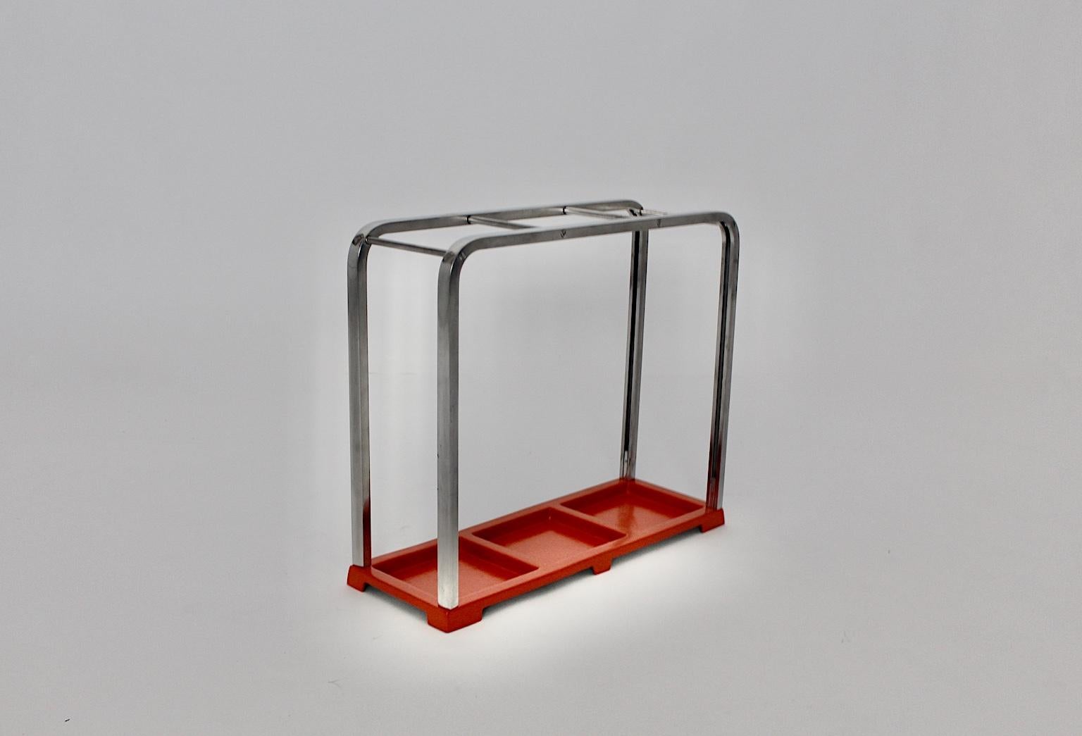 Lacquered Bauhaus Art Deco Vintage Red Silver Aluminum Umbrella Stand, 1930s, Germany For Sale