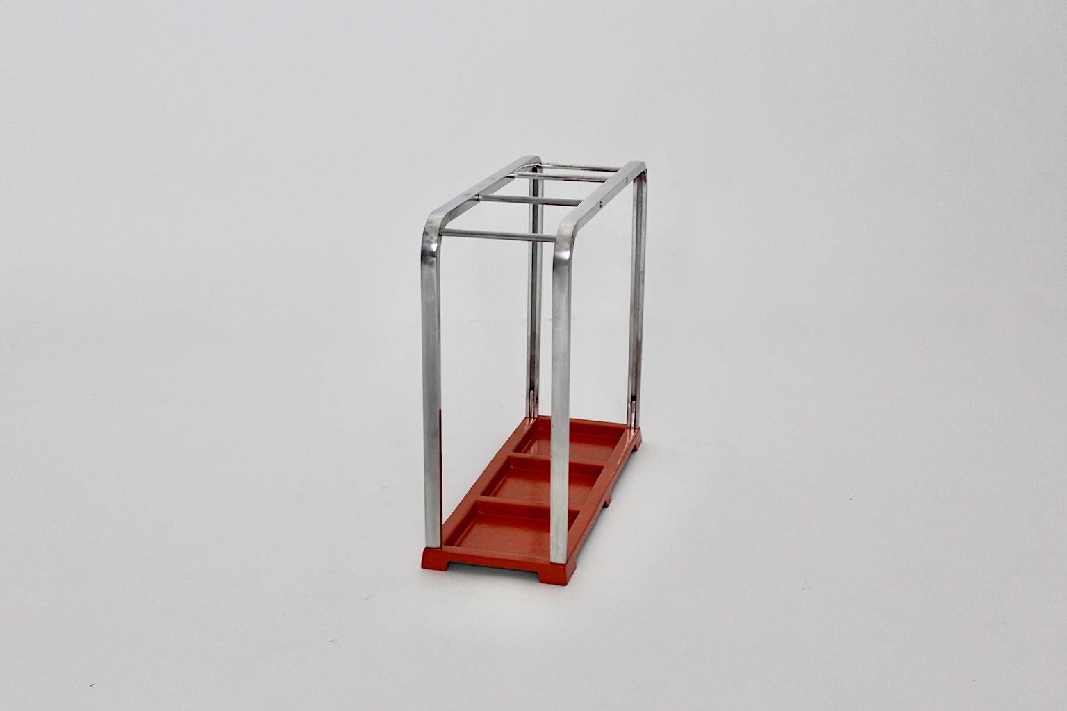 Mid-20th Century Bauhaus Art Deco Vintage Red Silver Aluminum Umbrella Stand, 1930s, Germany For Sale