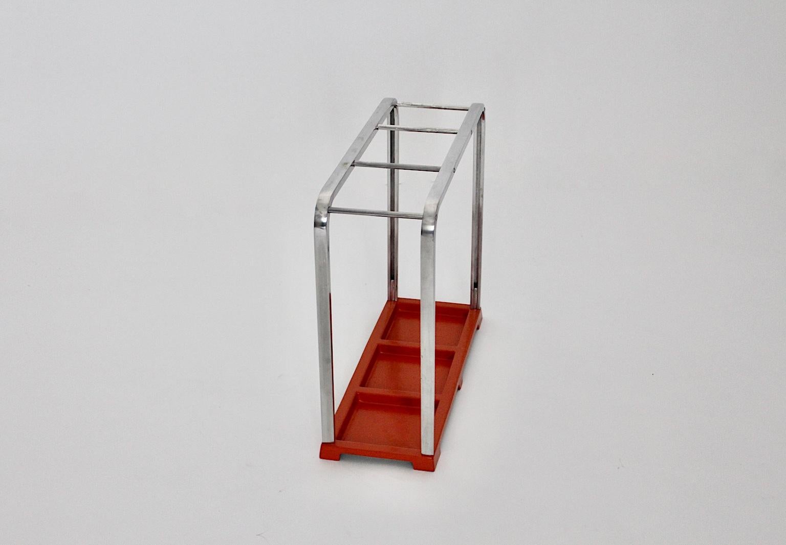 Metal Bauhaus Art Deco Vintage Red Silver Aluminum Umbrella Stand, 1930s, Germany For Sale