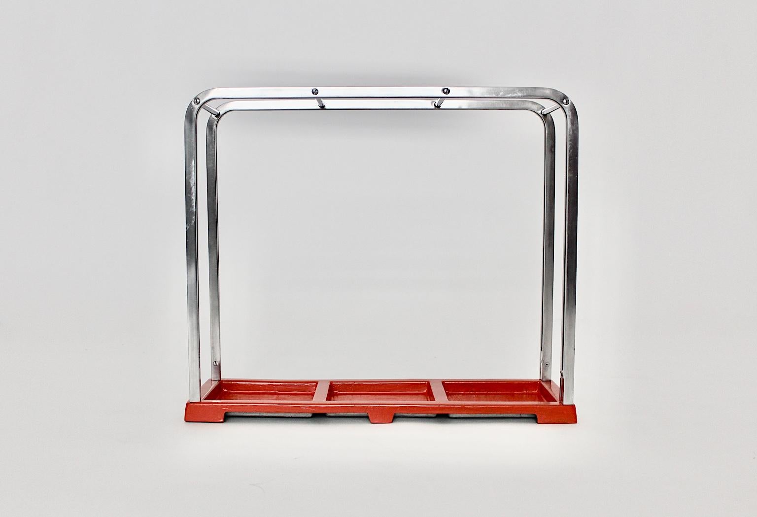 Bauhaus Art Deco Vintage Red Silver Aluminum Umbrella Stand, 1930s, Germany For Sale 1