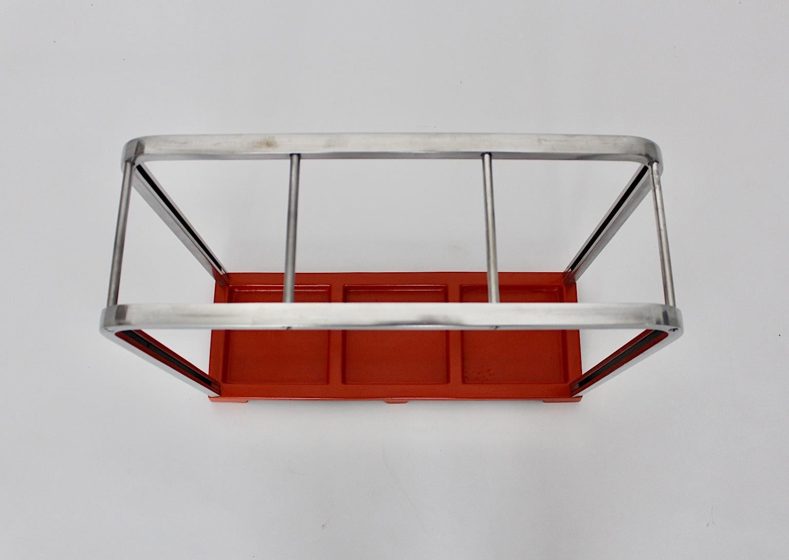 Bauhaus Art Deco Vintage Red Silver Aluminum Umbrella Stand, 1930s, Germany For Sale 2