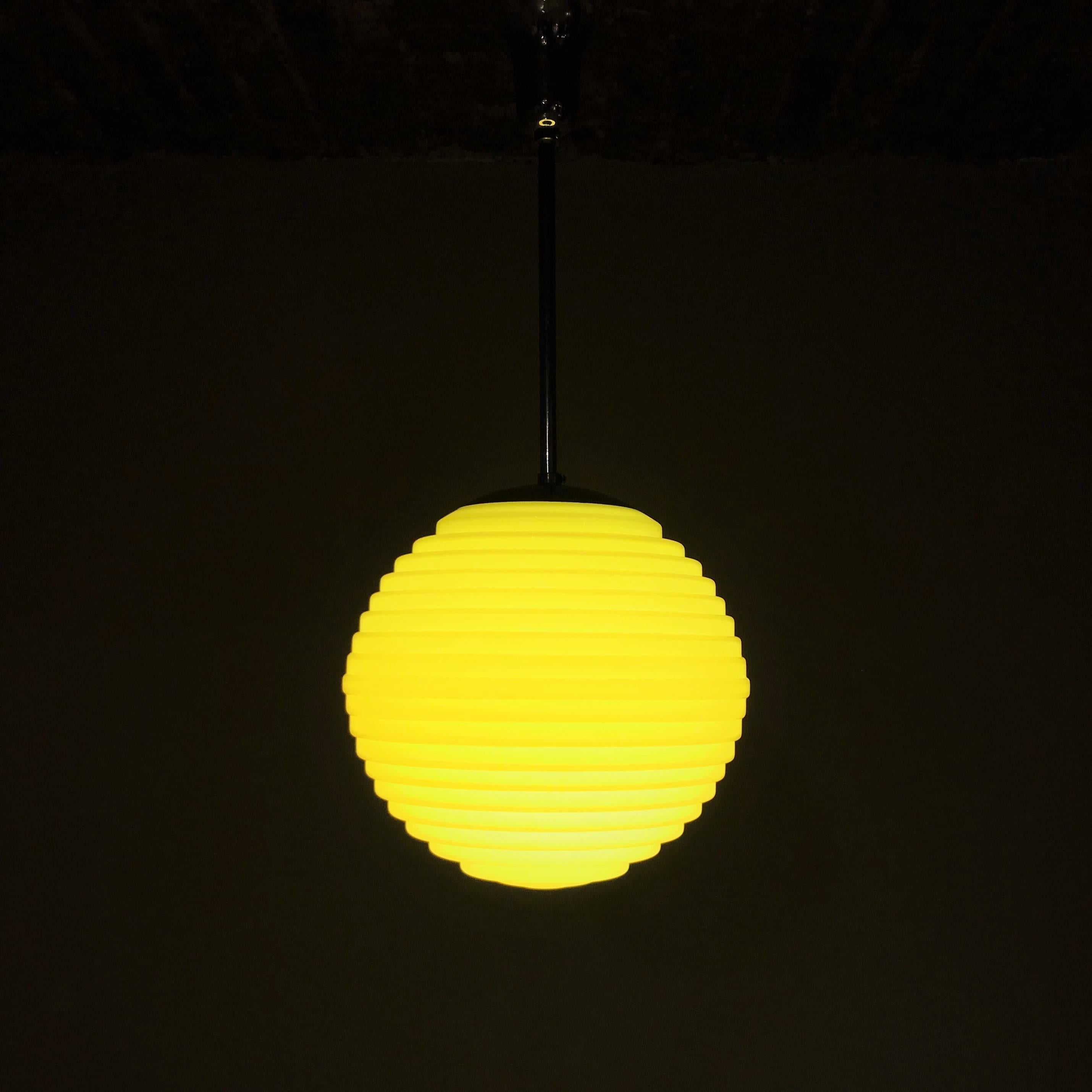 20th Century Bauhaus, Art Deco Yellow Glass Beehive Globe Pendant, 1930s, Germany