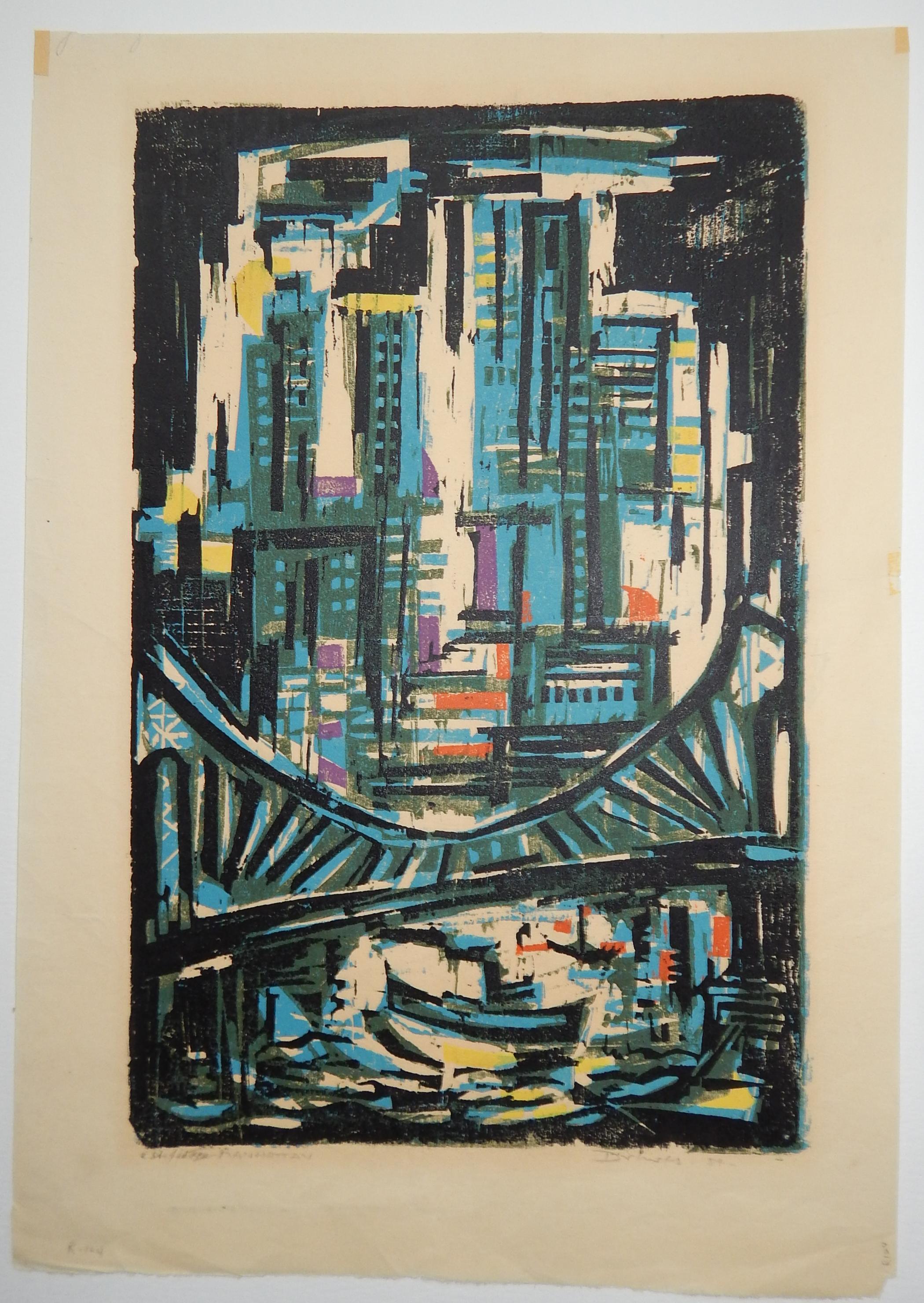Original color woodblock print by Werner Drewes.
In excellent condition. Unframed. 
Image measures 18 x 11 ½ inches. 
Pencil signed and dated. Numbered 2 St/ed XXX
Rose catalog #164

Werner Drewes. (1899-1985)
 Werner Drewes, painter,
