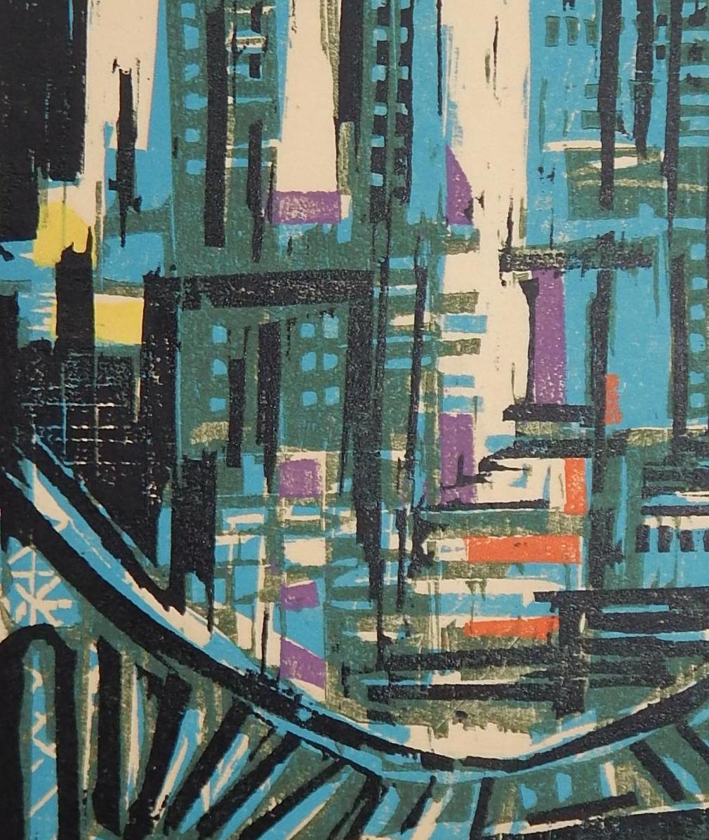 20th Century Werner Drewes Bauhaus Artist Color Woodblock, 1954, Manhattan