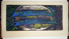 Werner Drewes:: artiste Bauhaus:: bloc de bois en couleur:: 1955:: Nature morte avec poisson bleu