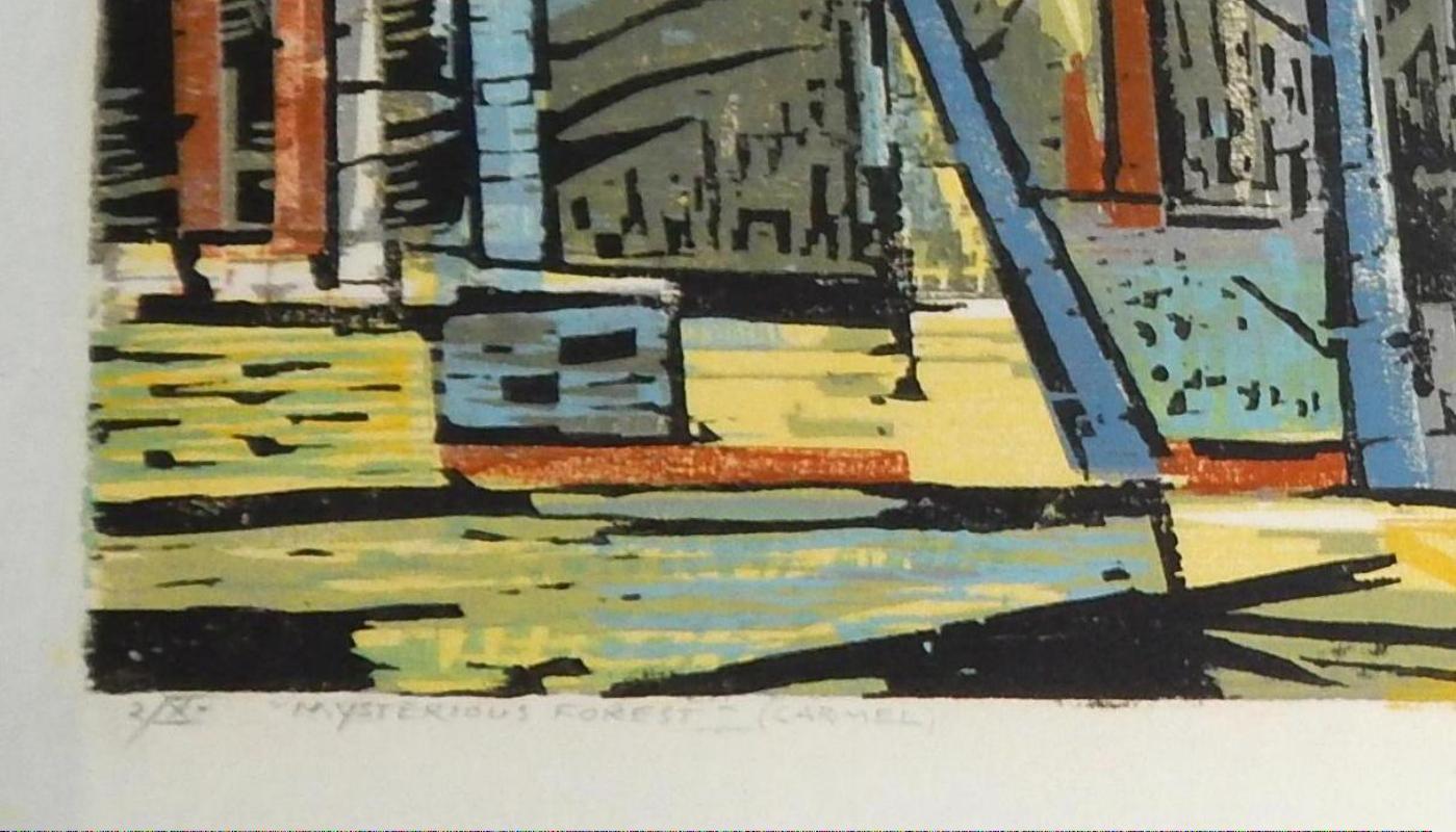 20th Century Werner Drewes Bauhaus Artist Color Woodblock, 1956, Mysterious Forest For Sale