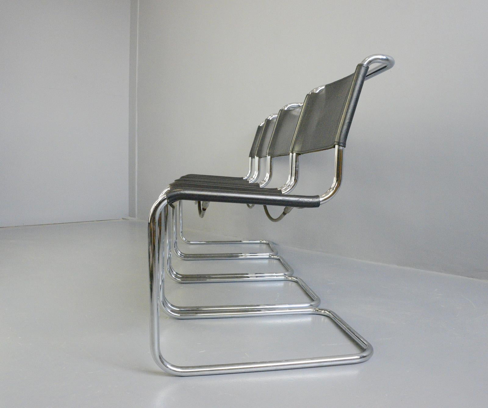 Bauhaus B33 chairs by Marcel Breuer for Thonet

- Price is for the set of 4 
- Chromed tubular steel frames
- Heavy black leather seats and back rests 
- Designed by Marcel Breuer
- Made by Thonet
- German ~ 1950s
- Measures: 52cm wide x