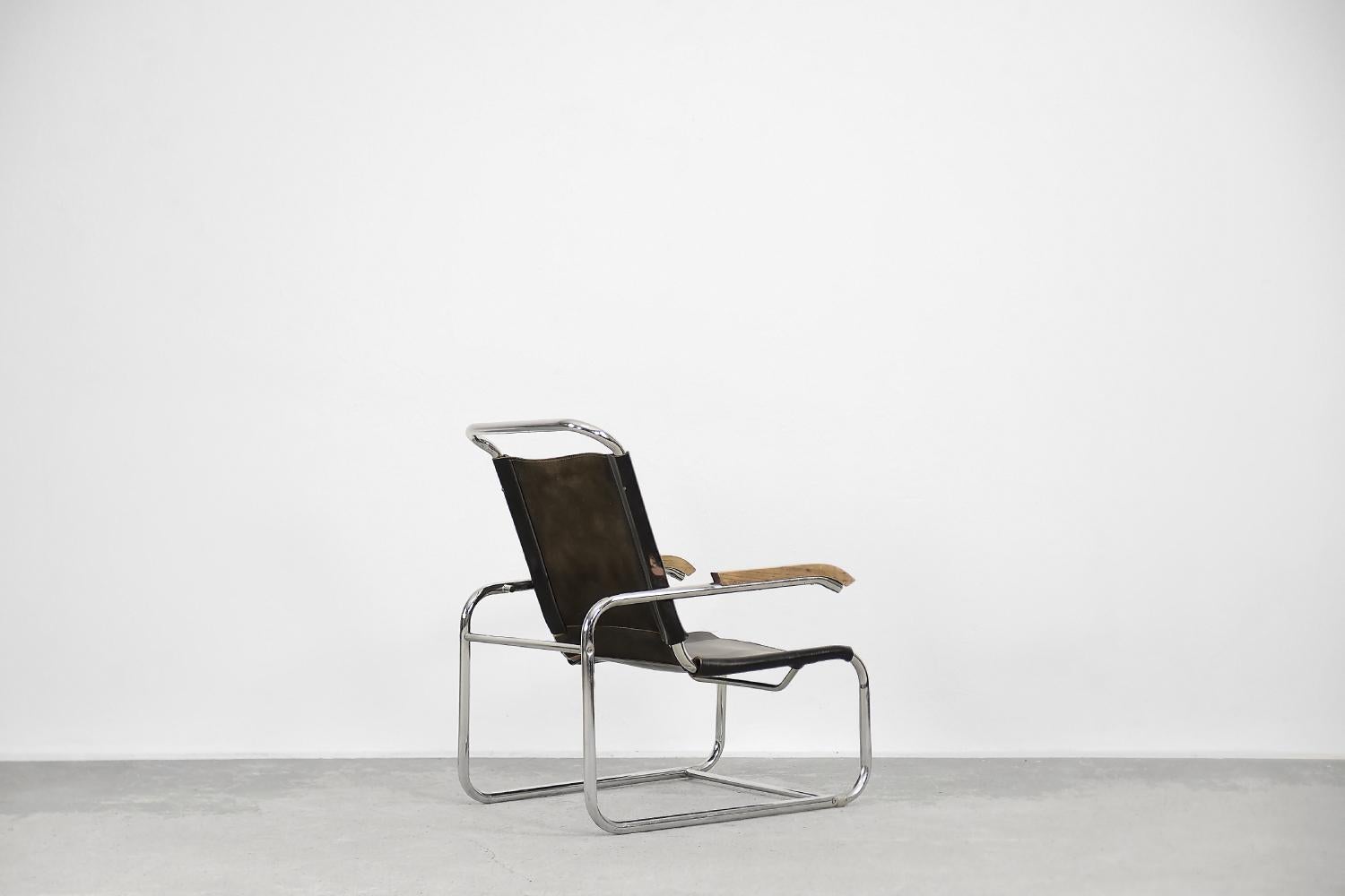 Vintage Germany Icon Bauhaus B35 Black Leather Chair by Marcel Breuer for Thonet For Sale 1