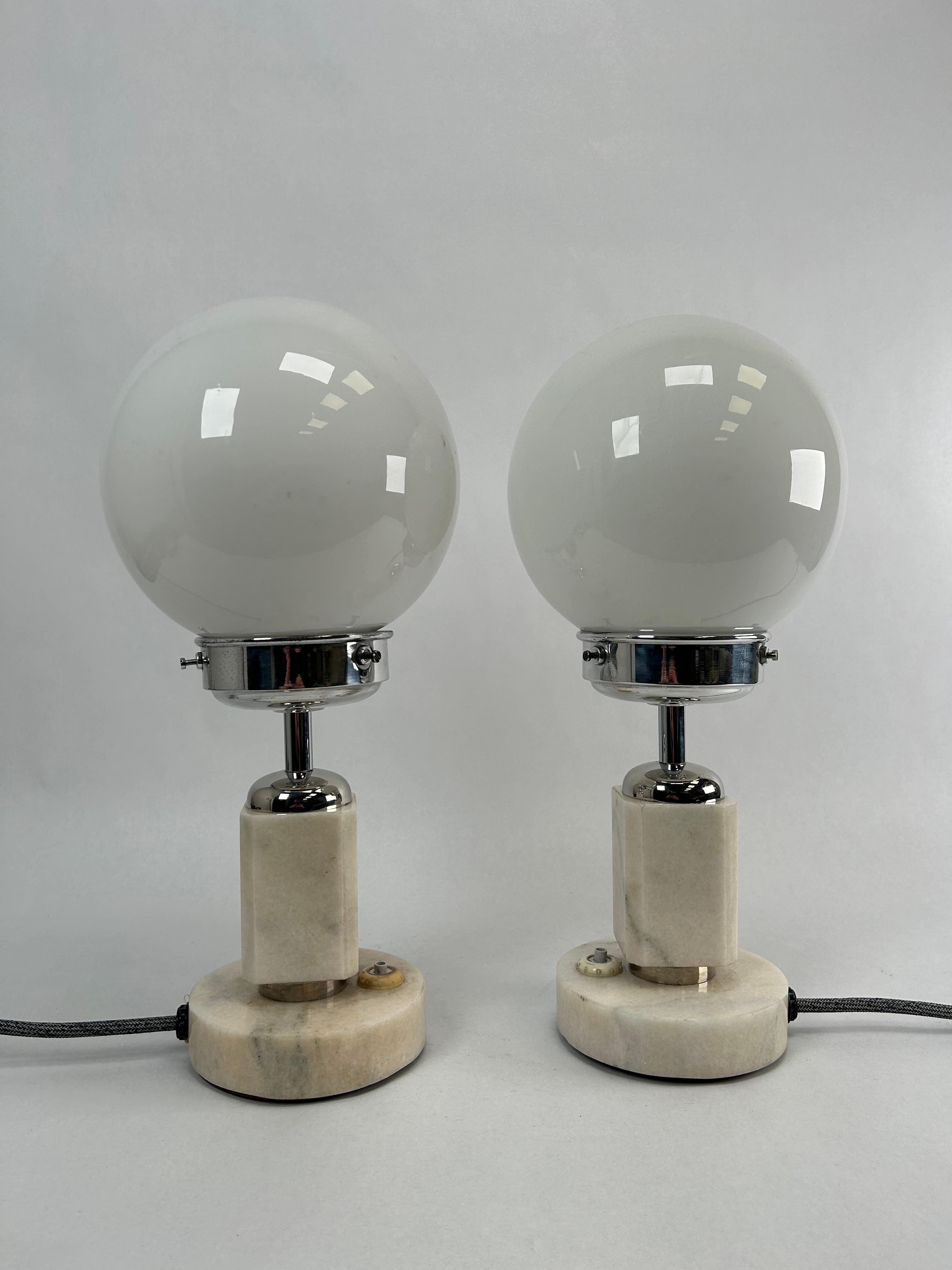 Bauhaus bedside table lamps with marble base and opaline glass lampshades. New wires and EU plug.