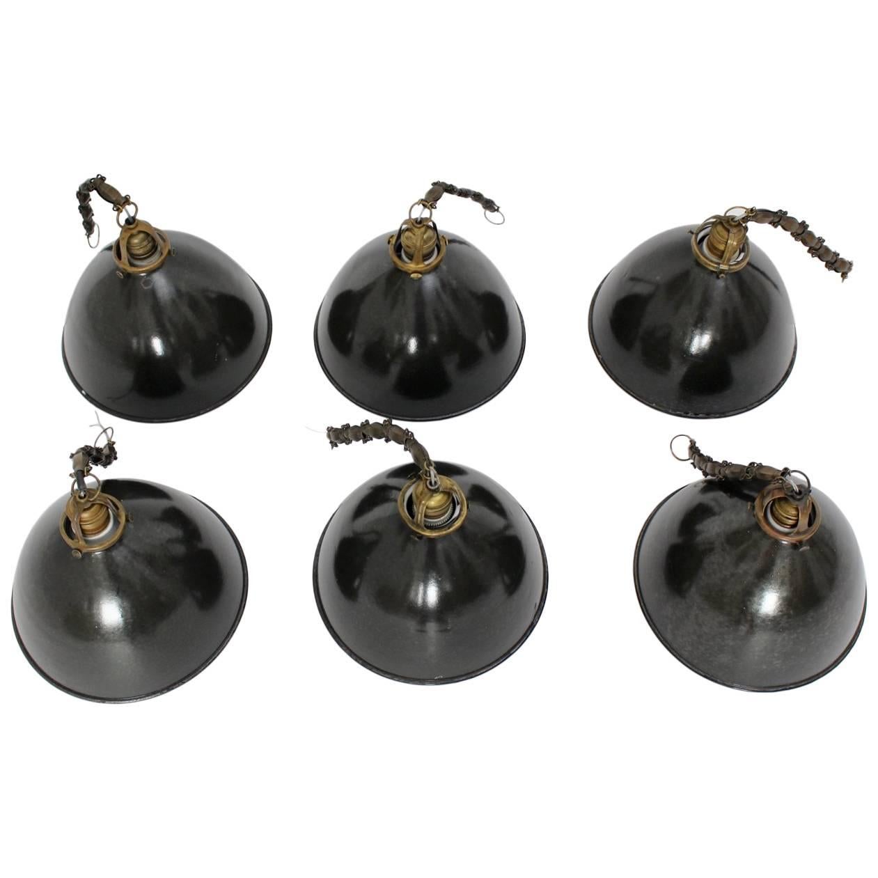 Bauhaus Black and White Email Metal Brass Vintage Hanging Lamps 1920s Set of Six