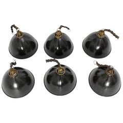 Bauhaus Black and White Email Metal Brass Vintage Hanging Lamps 1920s Set of Six