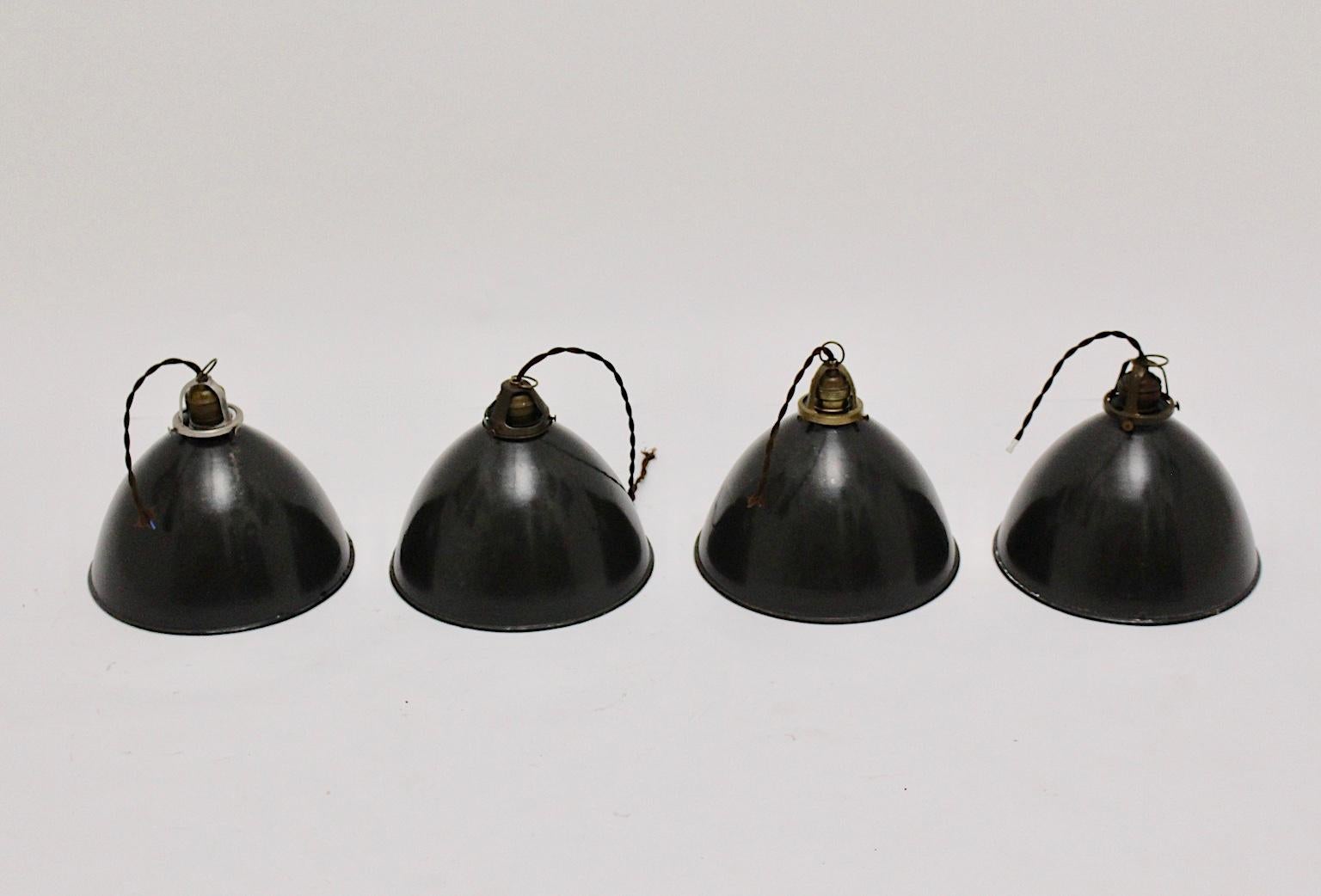 Enameled Bauhaus Black and White Vintage Set of four Email Hanging Lamps, 1920s, Germany For Sale