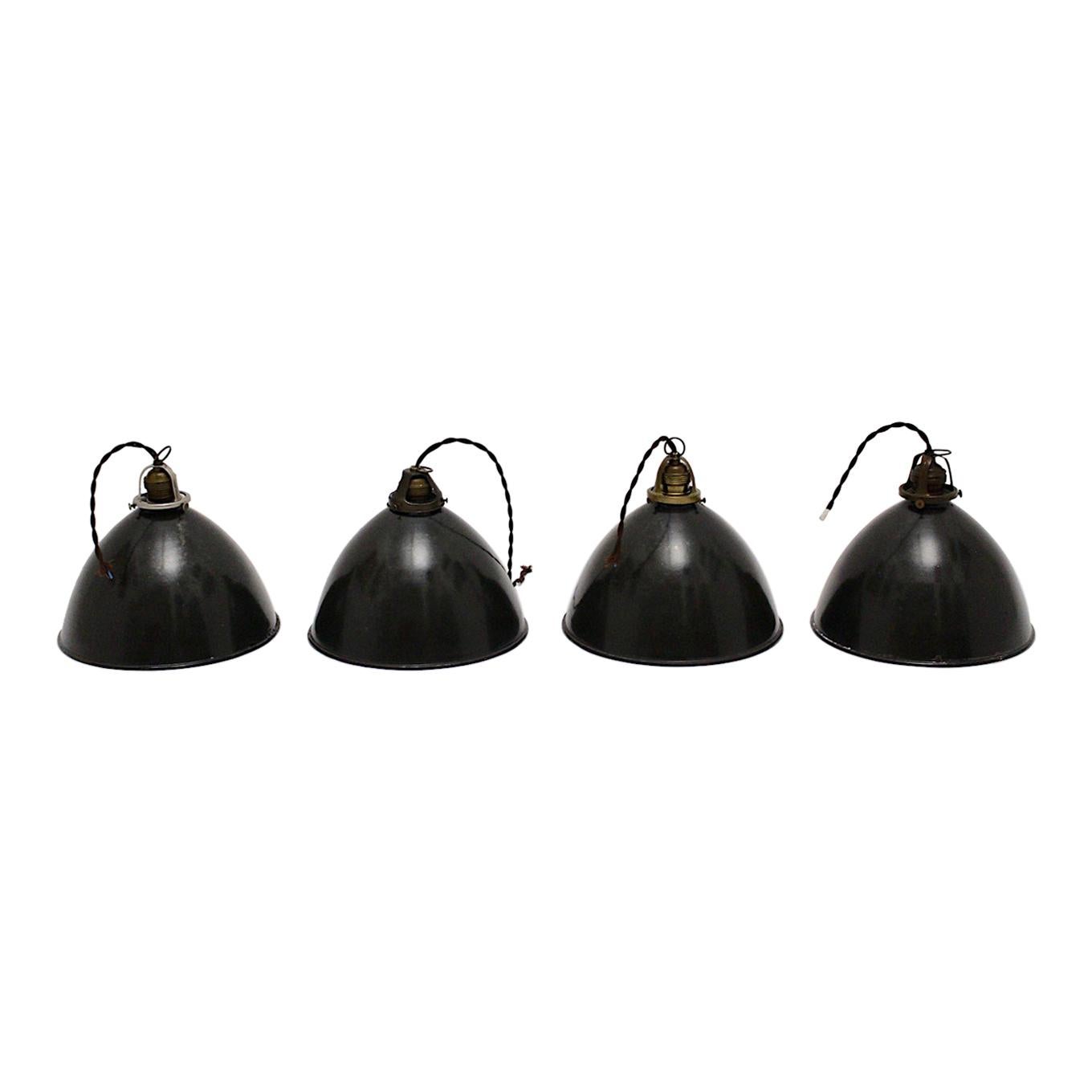 Bauhaus Black and White Vintage Set of four Email Hanging Lamps, 1920s, Germany For Sale