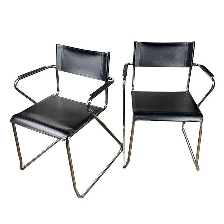 Bauhaus Black Chrome Tubular Director Arm Chairs, a Pair after Marcel Breuer